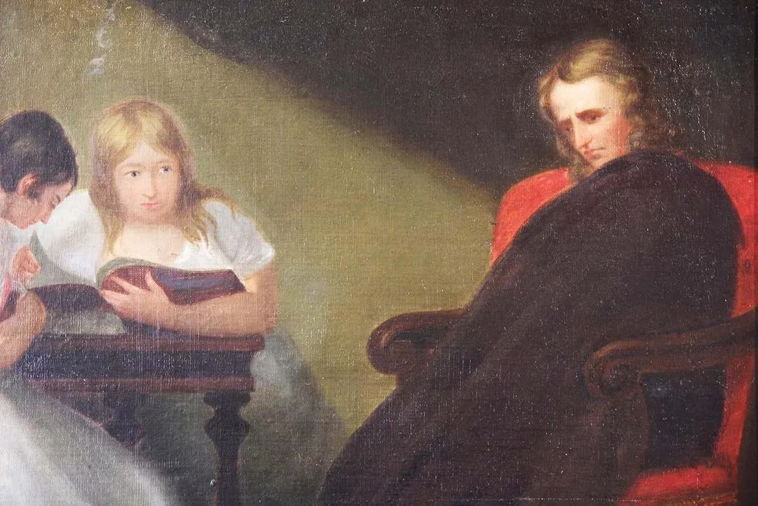 Late 19th Century Romantic Style Portrait Oil Painting of a Headmaster with Students, Framed - 5