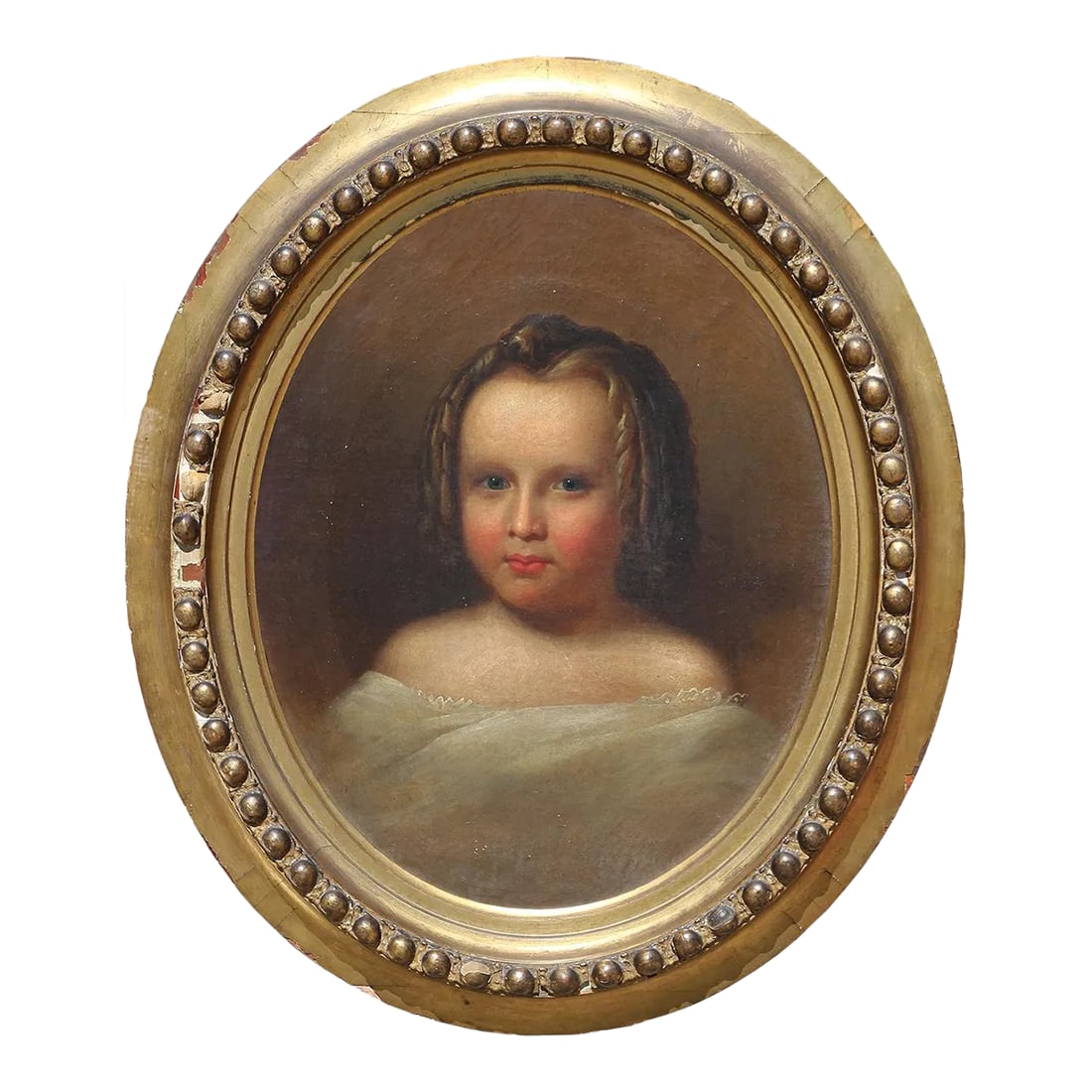 Early 20th Century Antique Oval Realistic Portrait of a Young Lady: Realist oval portrait of a young lady with short curly hair and a white garment. Unsigned. Prepared by Theodore Kelley (signed / stamped at the back). Framed in an antique carved oval frame.