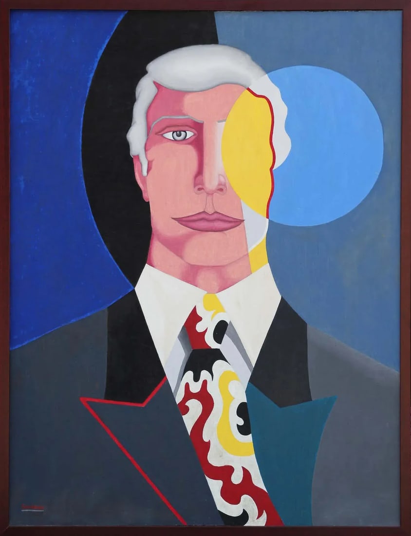 1980s "The Vision" Modernist Geometric Portrait Acrylic Painting by Robert Sandman, Framed: Blue, red, and yellow abstract modern portrait painting by Texas artist Robert Sandman. The work features a well dressed man with part of his face obscured against a blue geometric background. Signed