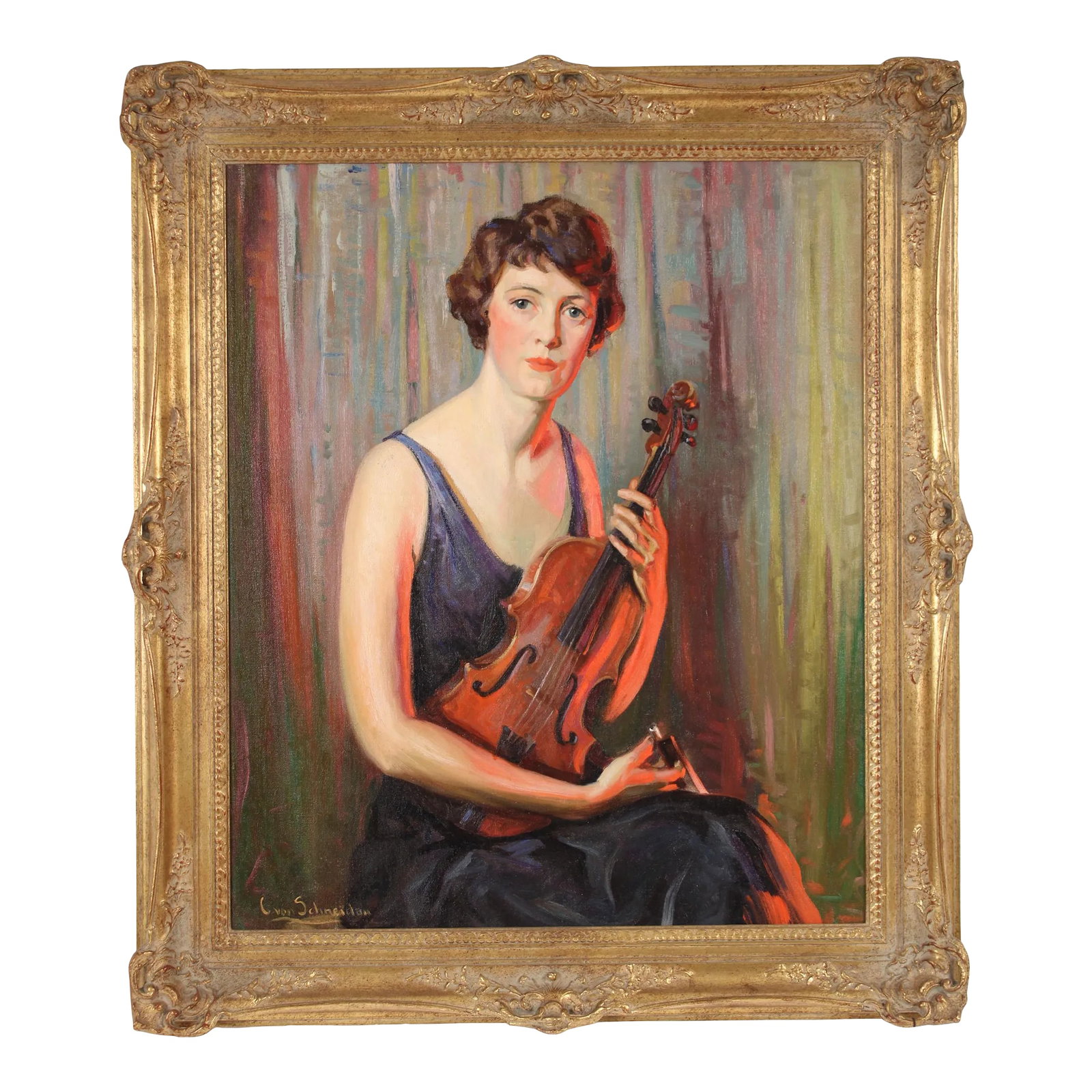 Portrait Painting by Christian Von Schneidau: Impressionist portrait painting by California artist Christian Von Schneidau (1893-1976), of a lady holding a violin. Titled on verso "Esther With Violin". I was told by the person that I purchased