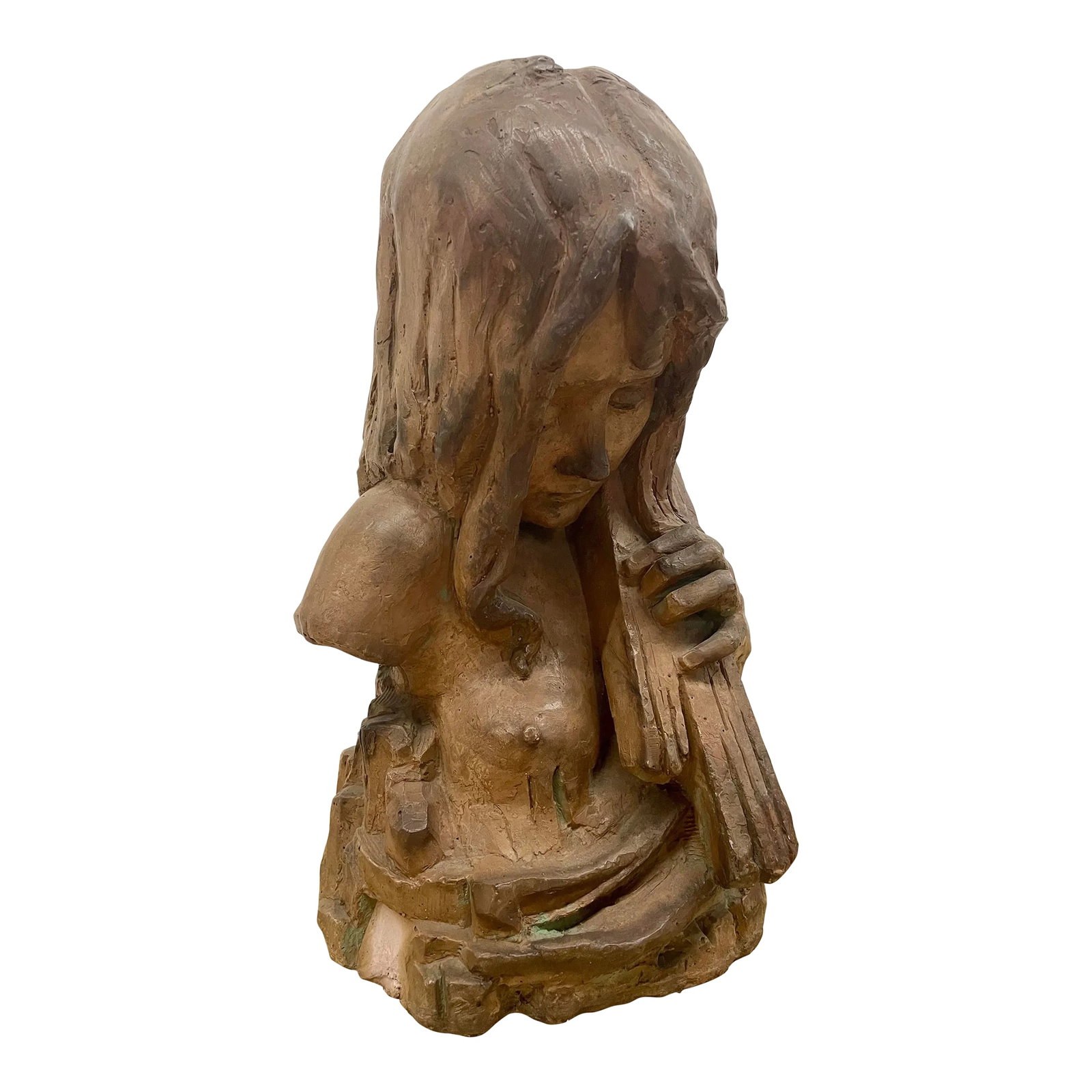 Large Italian Midcentury Clay Female Bust Sculpture: Vintage Midcentury Italian hand-crafted Italian clay bust sculpture. Featuring female playing musical instrument. Unsigned. 12.25x11.75x19 Condition: Alterations: Original Condition Unaltered