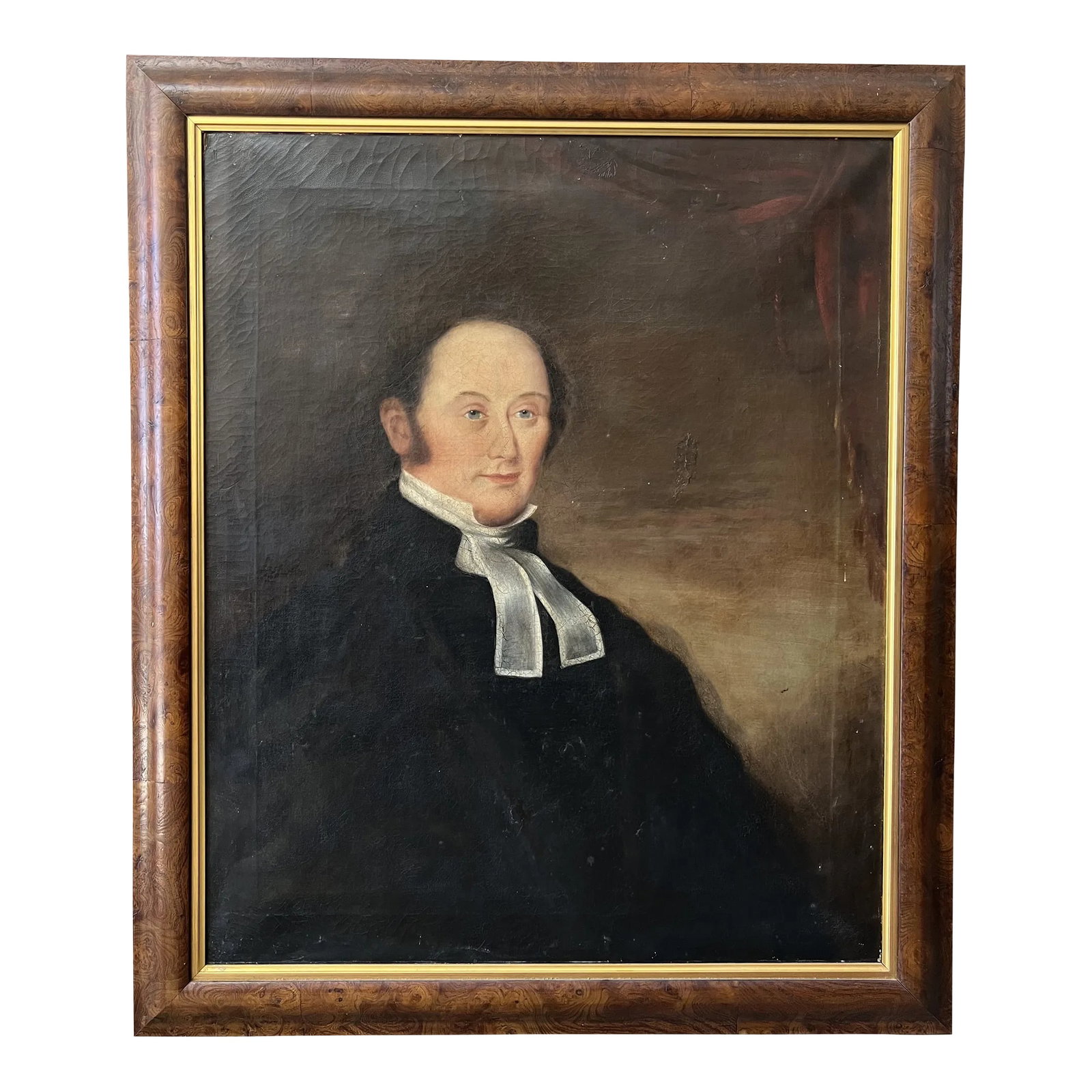 19th-Century American Clergyman Portrait , Framed: This 19th-century oil painting captures a serene clergyman in formal robes, rendered in the moody palette and honest style typical of the American School. Full of character, with age-appropriate