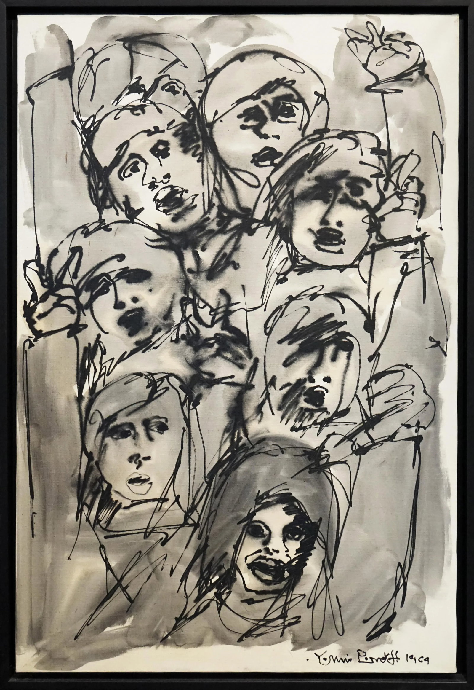 1960s "Faces in the Crowd" Minimalist Mixed-Media Painting on Canvas, Framed: The 1969 minimalism aged canvas with inky black paint in messy strokes of near abstract faces in a crowd is a contemporary artwork which closely resembles elements of the abstract expressionist