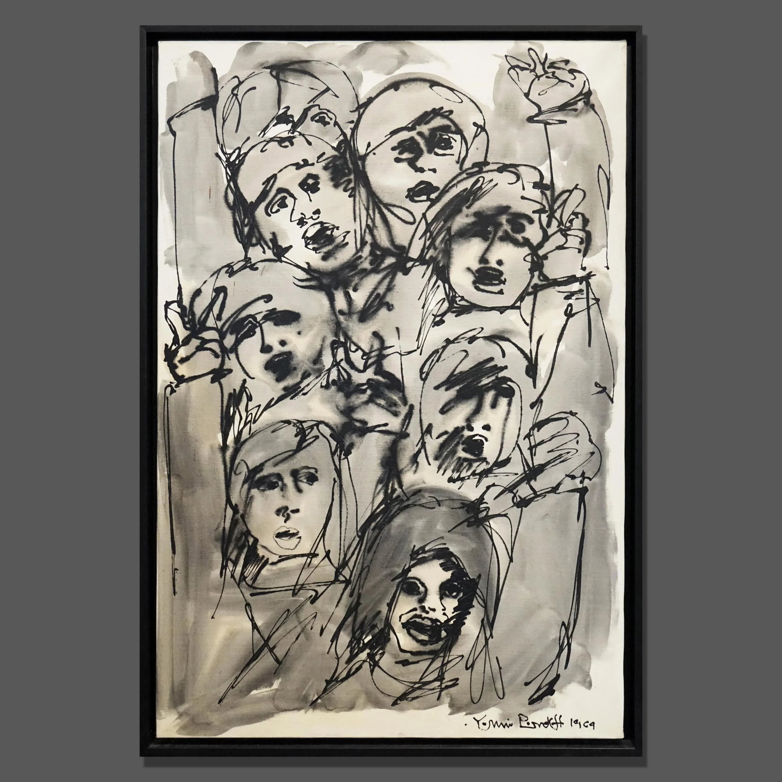 1960s "Faces in the Crowd" Minimalist Mixed-Media Painting on Canvas, Framed - 2