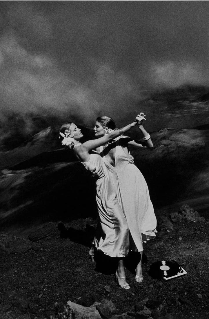 "Cheryl Tiegs and Rene Russo, Hawaii 1973" by Helmut Newton.: "Cheryl Tiegs and Rene Russo, Hawaii 1973" 16x20 Vintage Silver Gelatin Print by Helmut Newton. Models Cheryl Tiegs and Rene Russo dancing on the side of the Haleakala Crater in Maui, Hawaii, next to