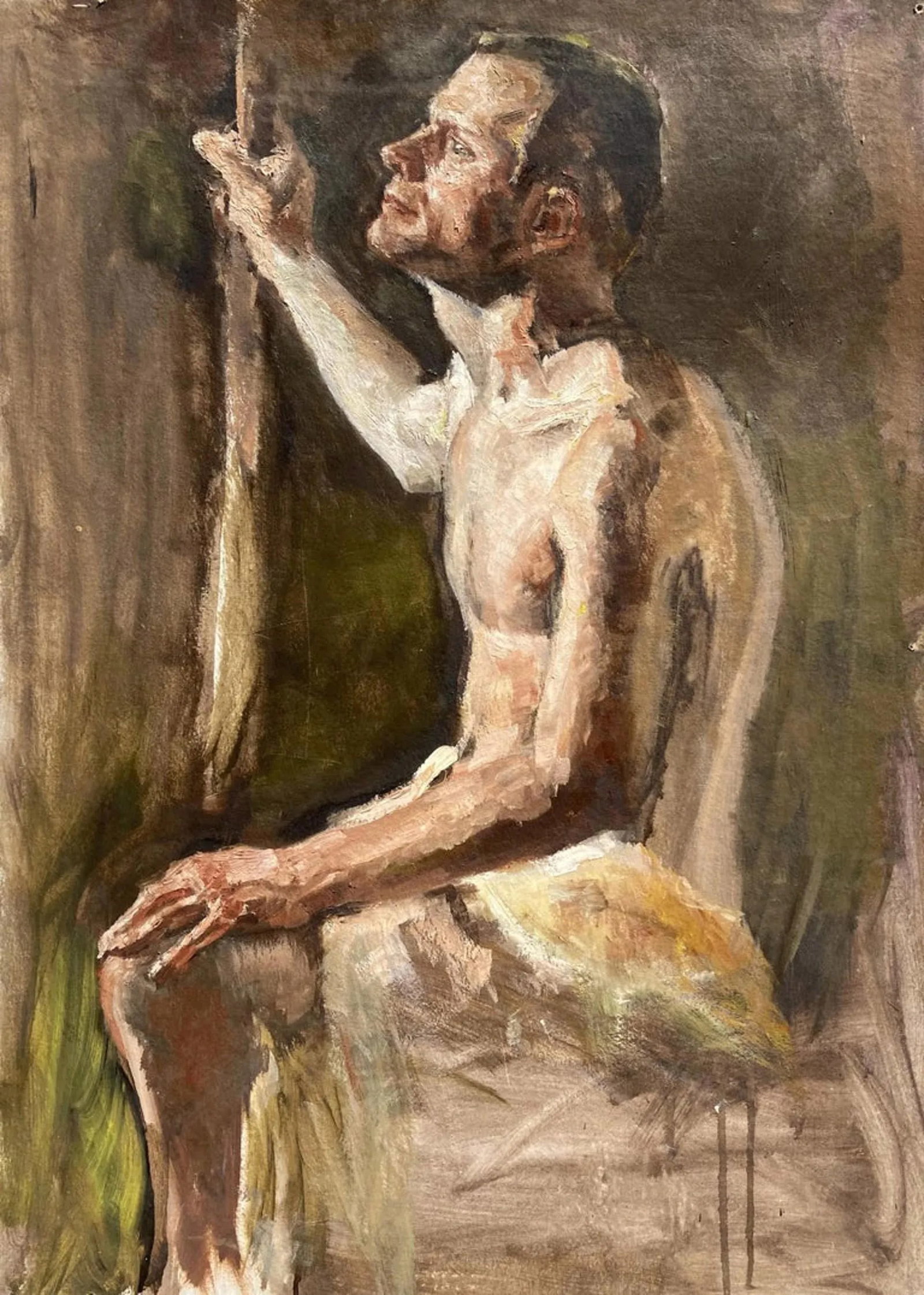 Mid 20th Century "Dreamer" Mid-Century Impressionist European Nude Man Portrait Painting: A beautiful painting I acquired when I was buying things from Russia and Ukraine maybe 7 or 8 years ago. It's painted on very heavy cardboard, as I'd say the majority from the Soviet period that I