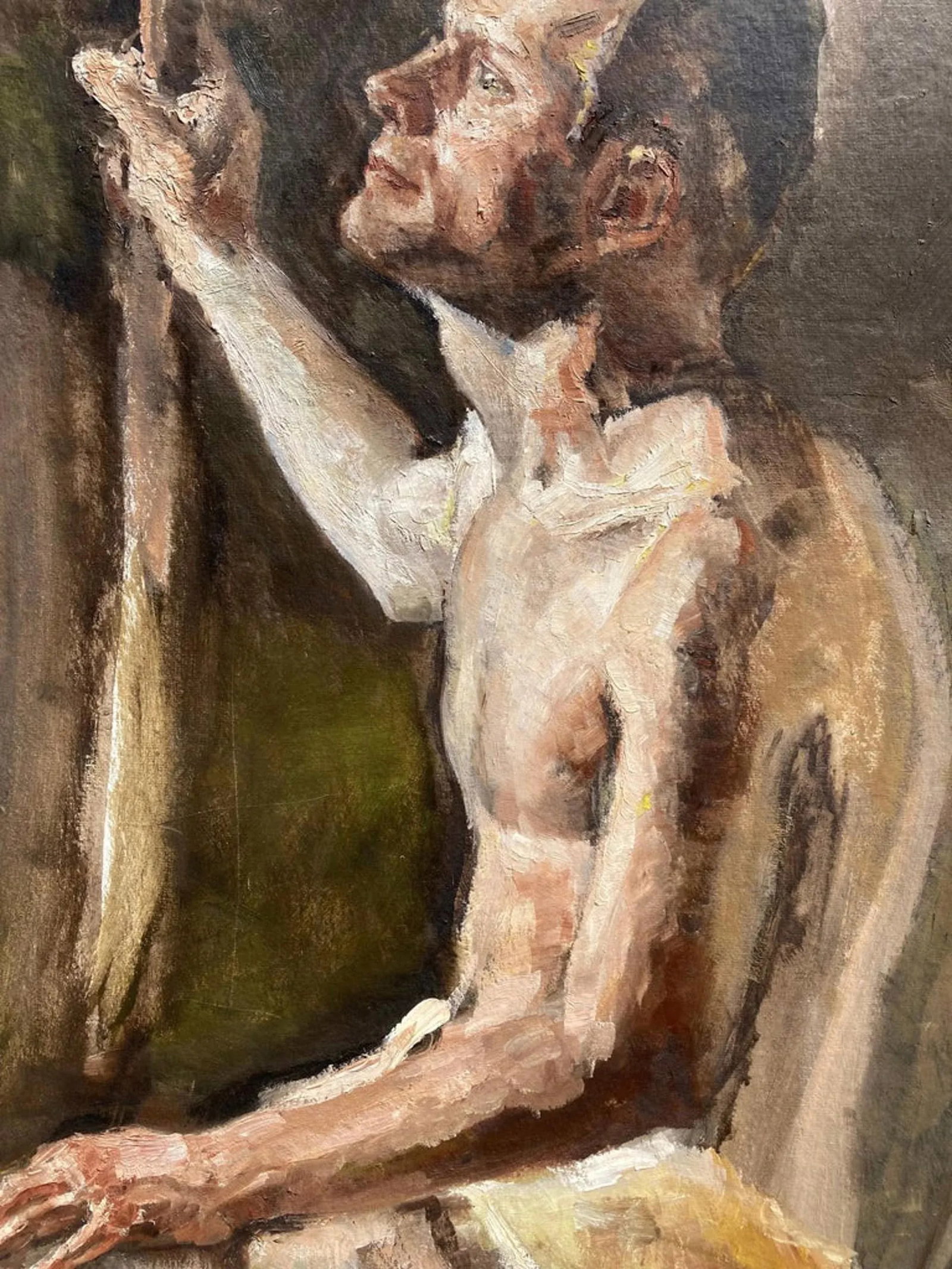 Mid 20th Century "Dreamer" Mid-Century Impressionist European Nude Man Portrait Painting - 3