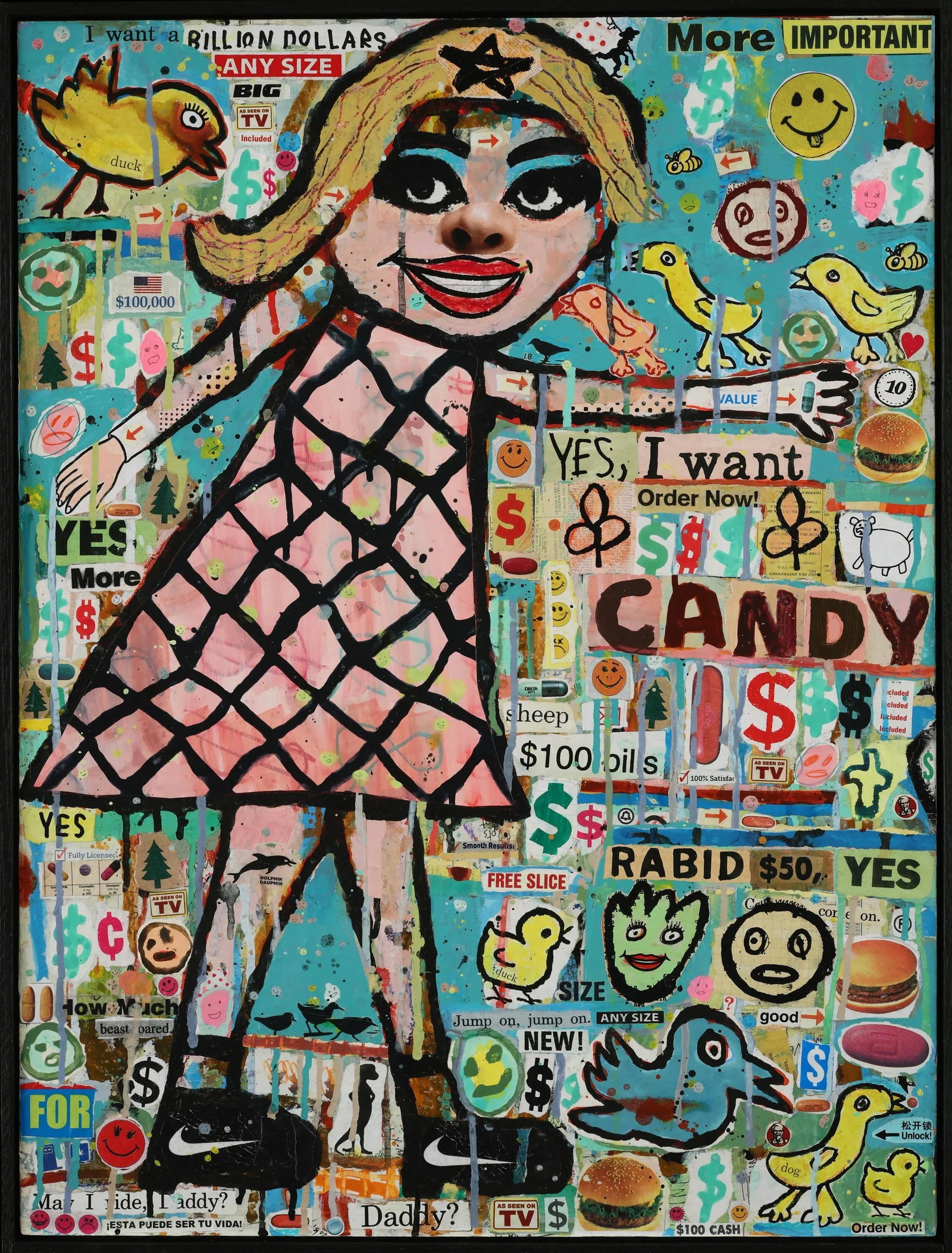 "Candy Crush" Original Contemporary Painting by Brian McDonald: "Candy Crush" is a captivating original painting that invites you into a vibrant world of color and playful storytelling. Many layers of acrylic paint and paper collage come together on a wood panel,