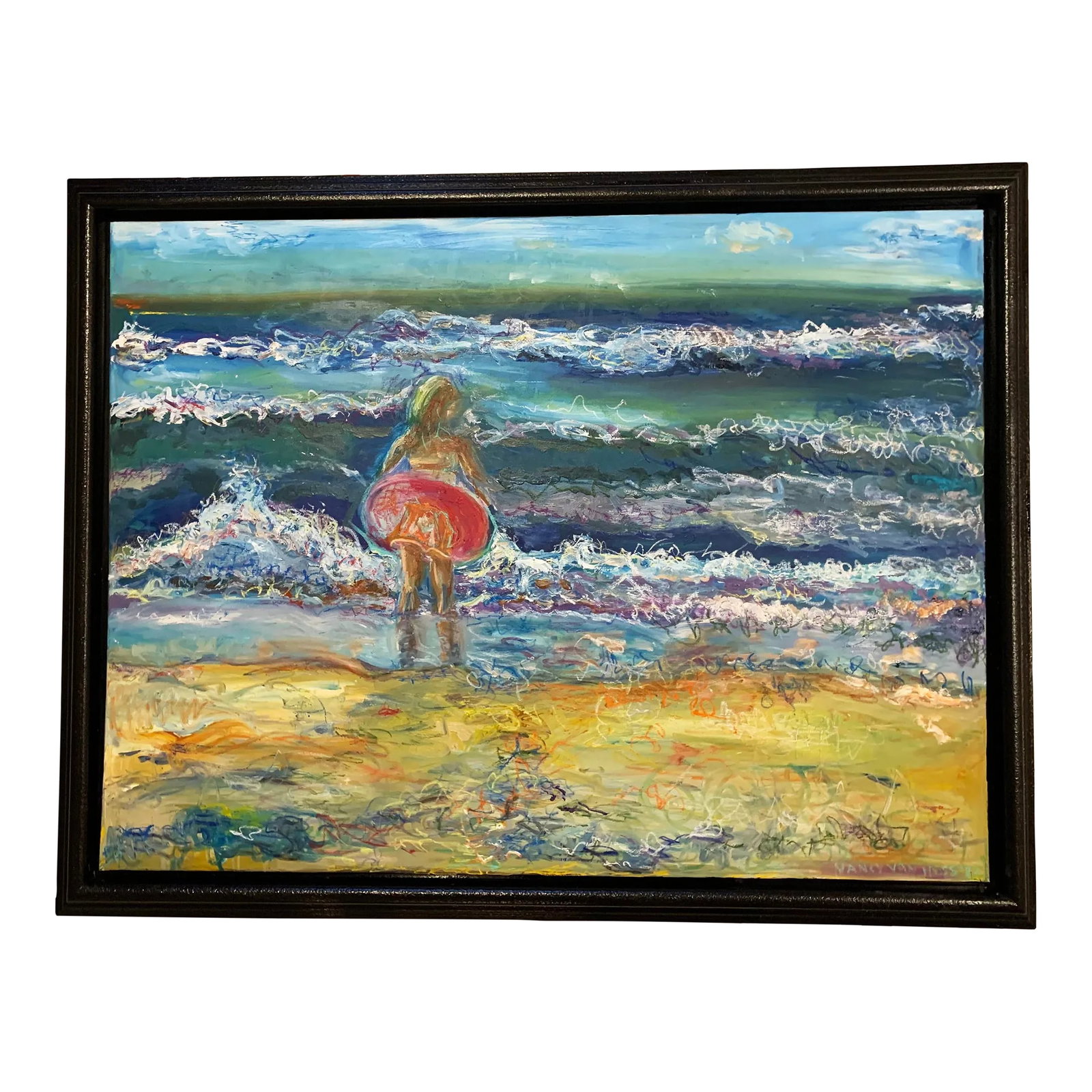 Waves, Oil Painting, Framed, One-of-a-Kind Art, by Van Ness: Waves', Oil Painting, 46.25"x35.25", Framed Coastal Art, beach house art. A small girl in her innertube watching the waves crash on the shore. Framed, ready to hang. Original oil painting. As seen in
