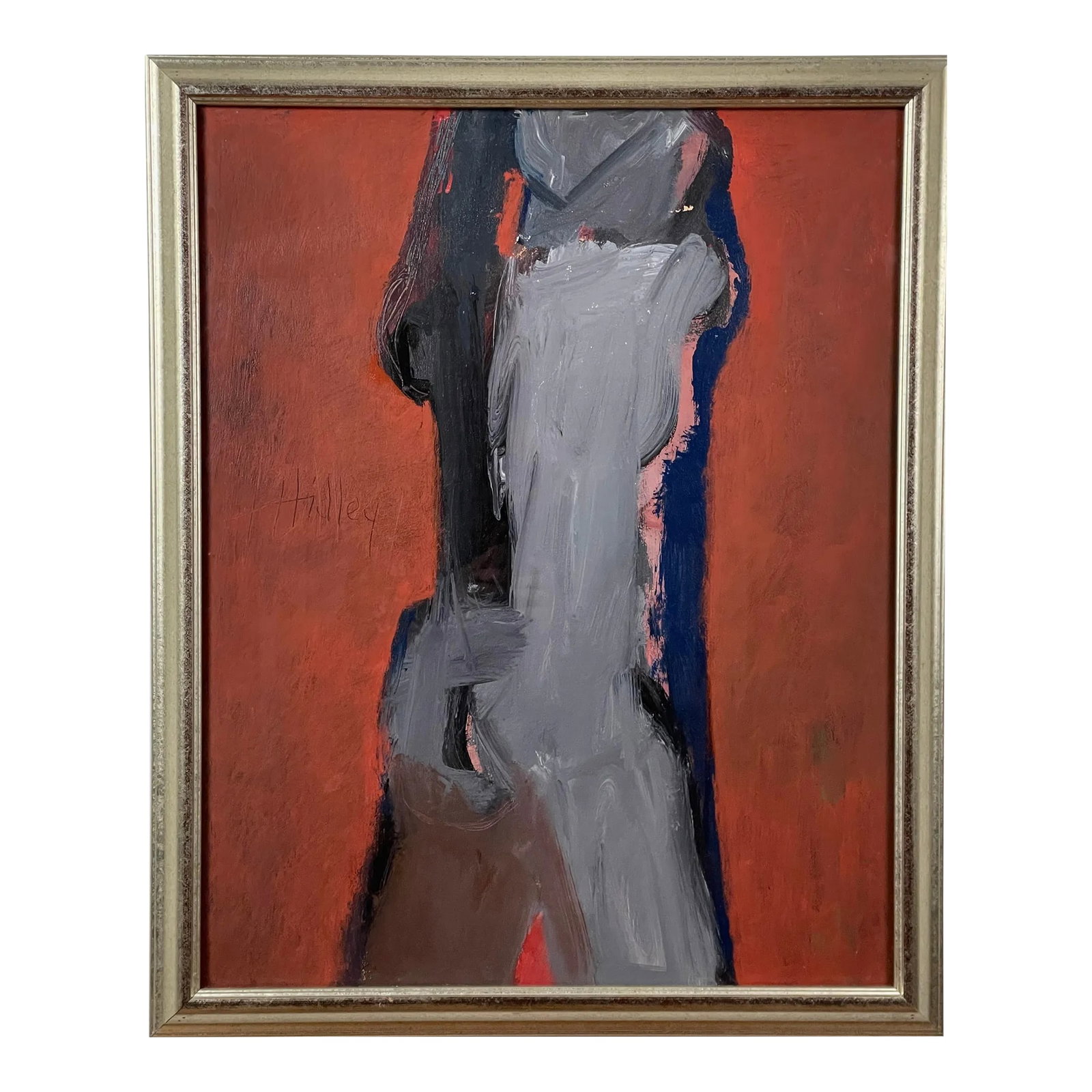Charles Hidley (American, 1921-2003) - Untitled Abstract Expressionist Figural Painting, Signed (Ca.: Charles "Li" Hidley (American, 1921-2003) - Untitled Abstract Figurative on Red, Signed (ca. 1970, Oil on Masonite). Abstract grey figure on a red background. Outlined in pink and blue. Signed