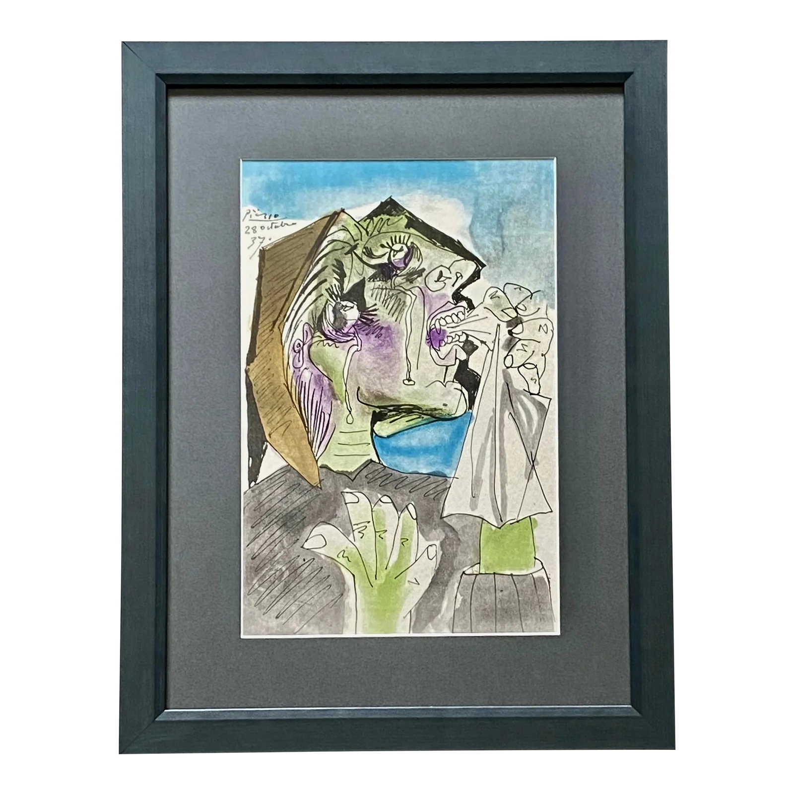 Pablo Picasso Vintage Original Guernica Weeping Woman Lithograph Signed: This is an extraordinary Pablo Picasso collotype with pochoir, titled "Weeping Woman", after the original drawing done in 1937. The Weeping Woman is a series of works depicting Dora Maar, Picasso's