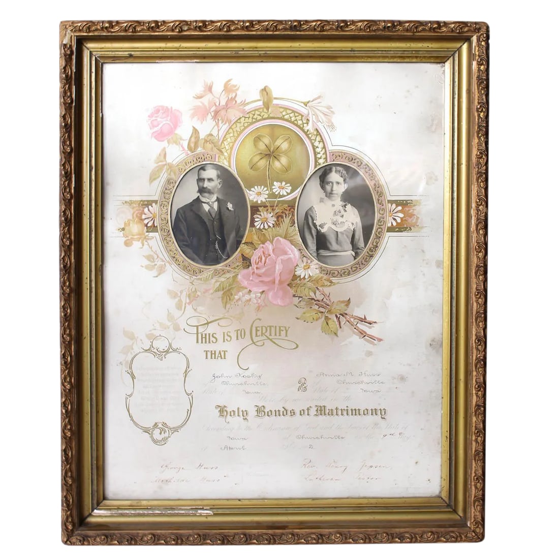 1900's Marriage Certificate: A giltwood framed marriage certificate of John Kosky and Anna M. Huss of Churchville, Iowa. Copyrighted by W.A. Holt Chicago, ILL. Condition: Alterations: Original Condition Unaltered Imperfections: