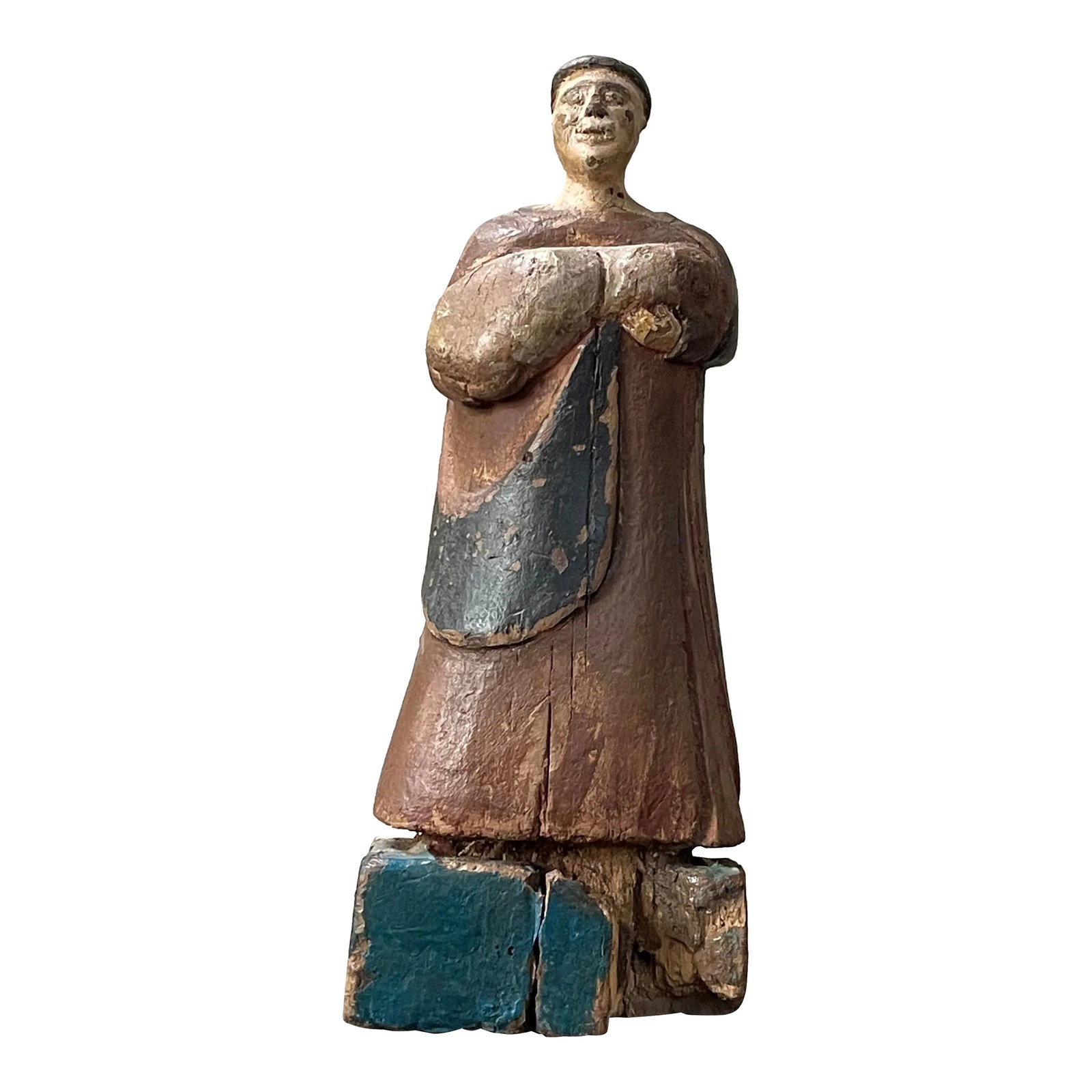 19th Century Spanish Hand Carved Polychrome Santo Sculpture: Antique Spanish Hand Carved Polychrome Santo Sculpture (19th Century). Carved wood saint on a plinth. Obvious signs of age. Paint loss throughout. Loss of front area of wood plinth. Size: 10 x 4.25 x