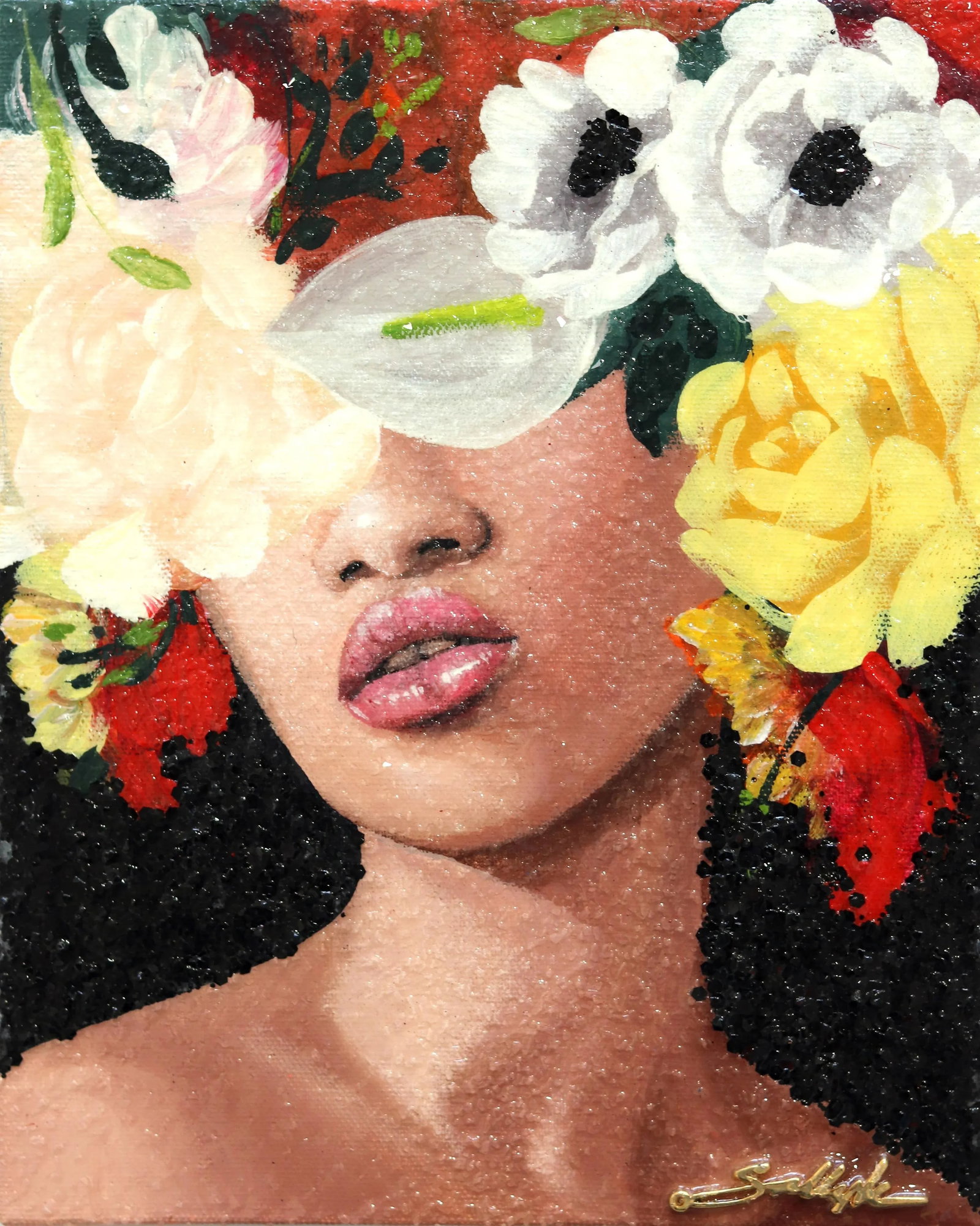 "Memories" Contemporary Original Botanical Portrait Painting by Sally K: Gazing at Lebanese American artist Sally K's floral portrait is consuming and empowering. Inspired by strong, feminine women, she creates pop-realistic paintings that speak to the energetic female