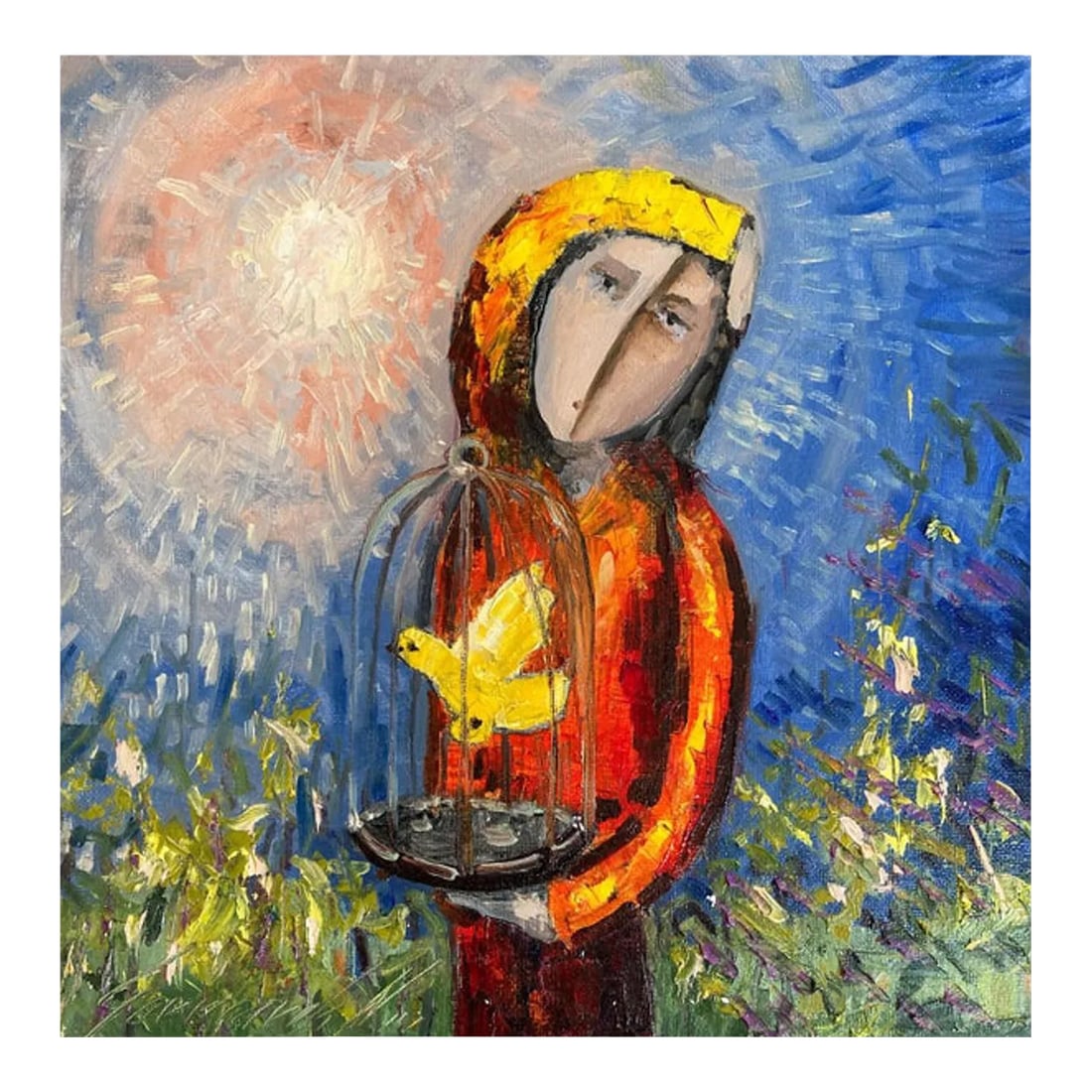 Girl With Bird (Contemporary Abstract Portrait Painting), Alex Garncarek: Alex Garncarek has created a magical world that looks like no other - distinctly his own, like artists such as Paul Klee, Miro and others whose visions came directly from their imaginations rather