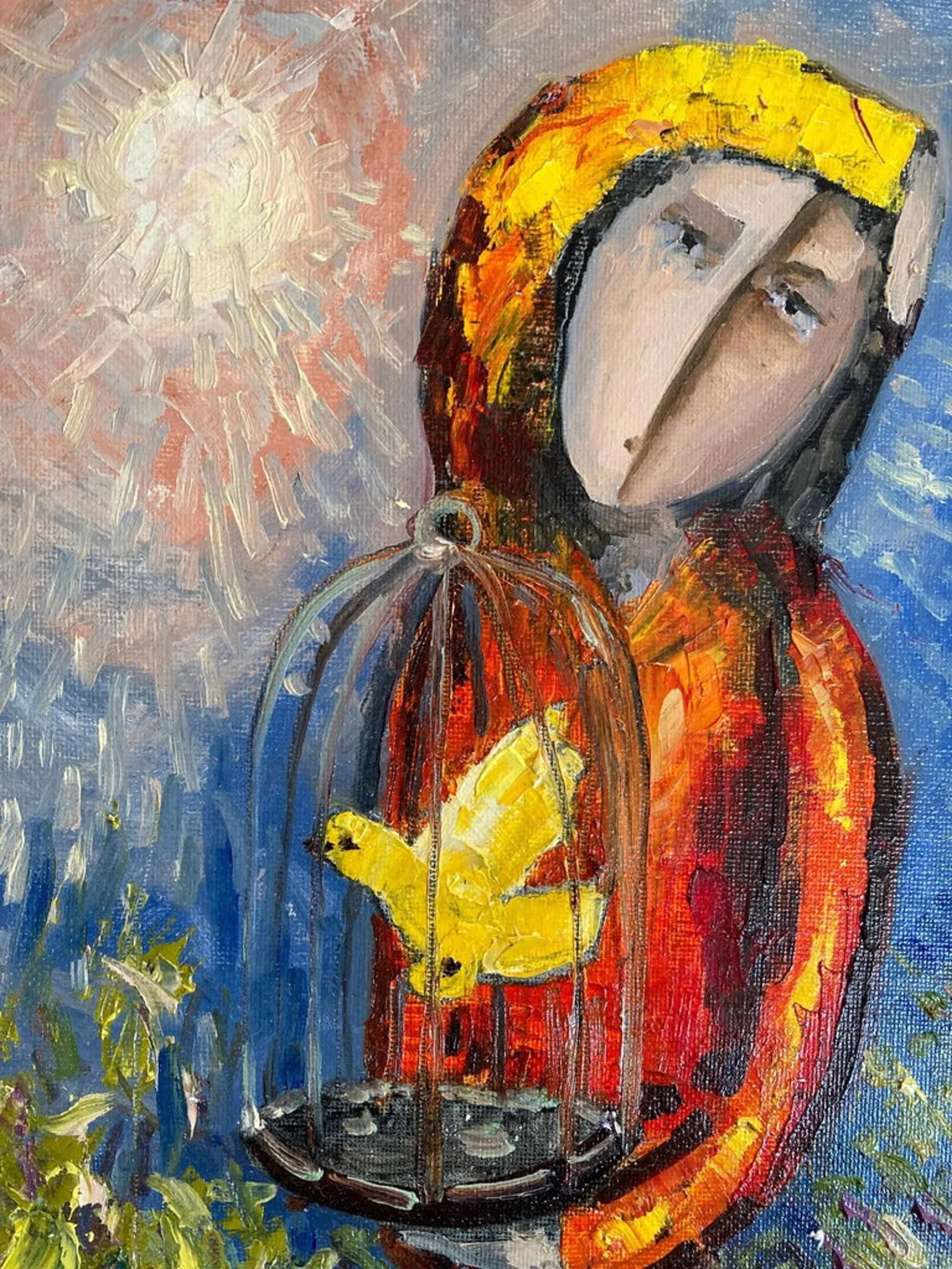 Girl With Bird (Contemporary Abstract Portrait Painting), Alex Garncarek - 3