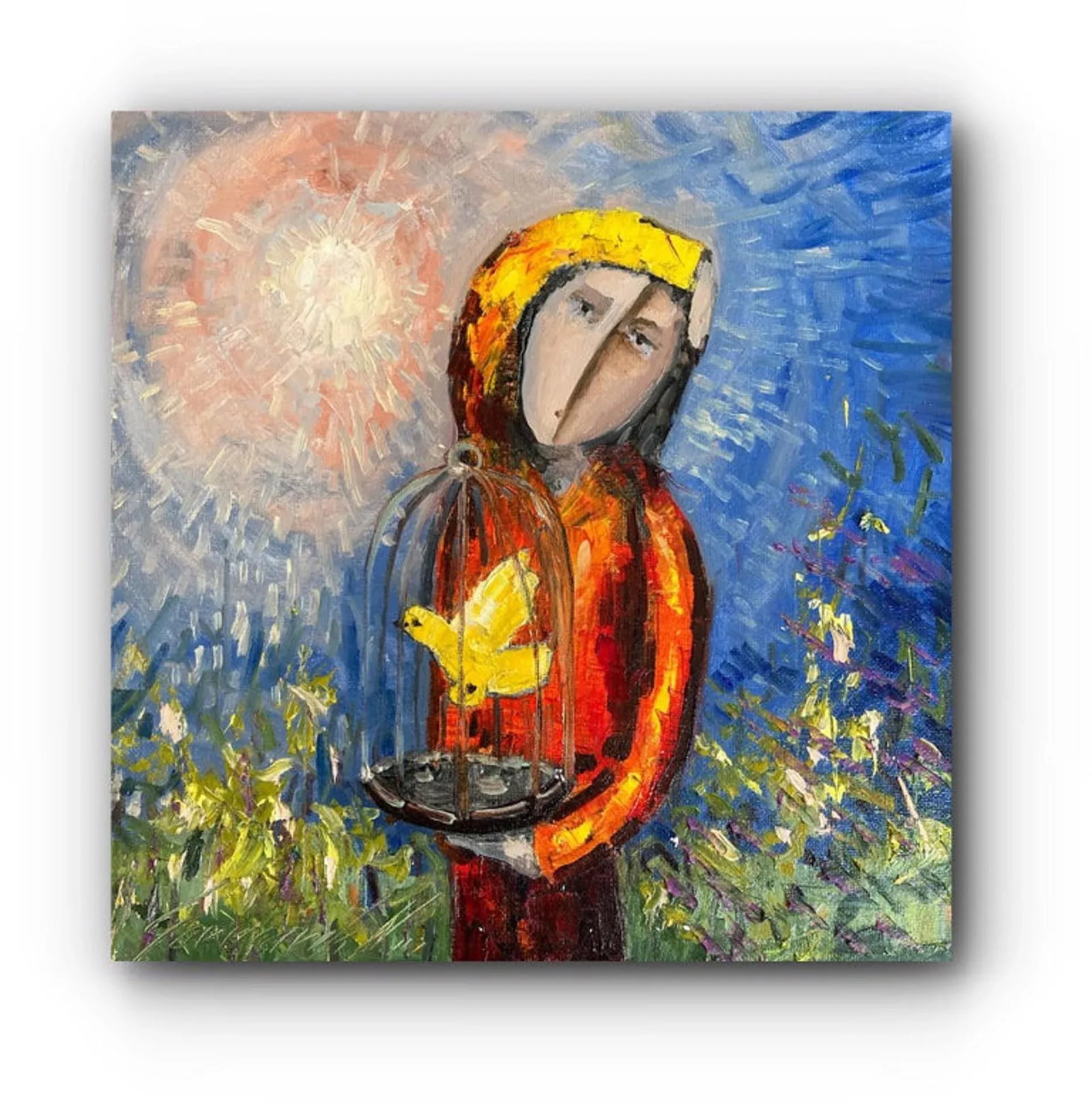 Girl With Bird (Contemporary Abstract Portrait Painting), Alex Garncarek - 5