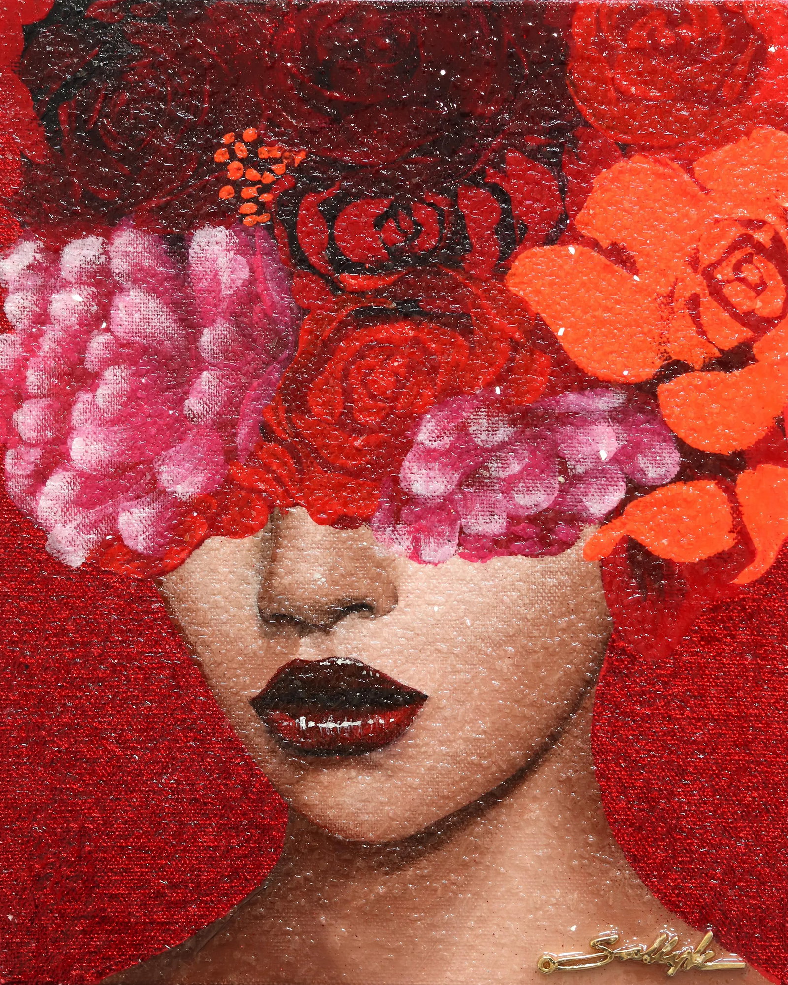 Textured Portrait Floral Pop Art Acrylic Painting "Red" Contemporary Original by Sally K: Gazing at Lebanese American artist Sally K's floral portrait is consuming and empowering. Inspired by strong, feminine women, she creates pop-realistic paintings that speak to the energetic female exp