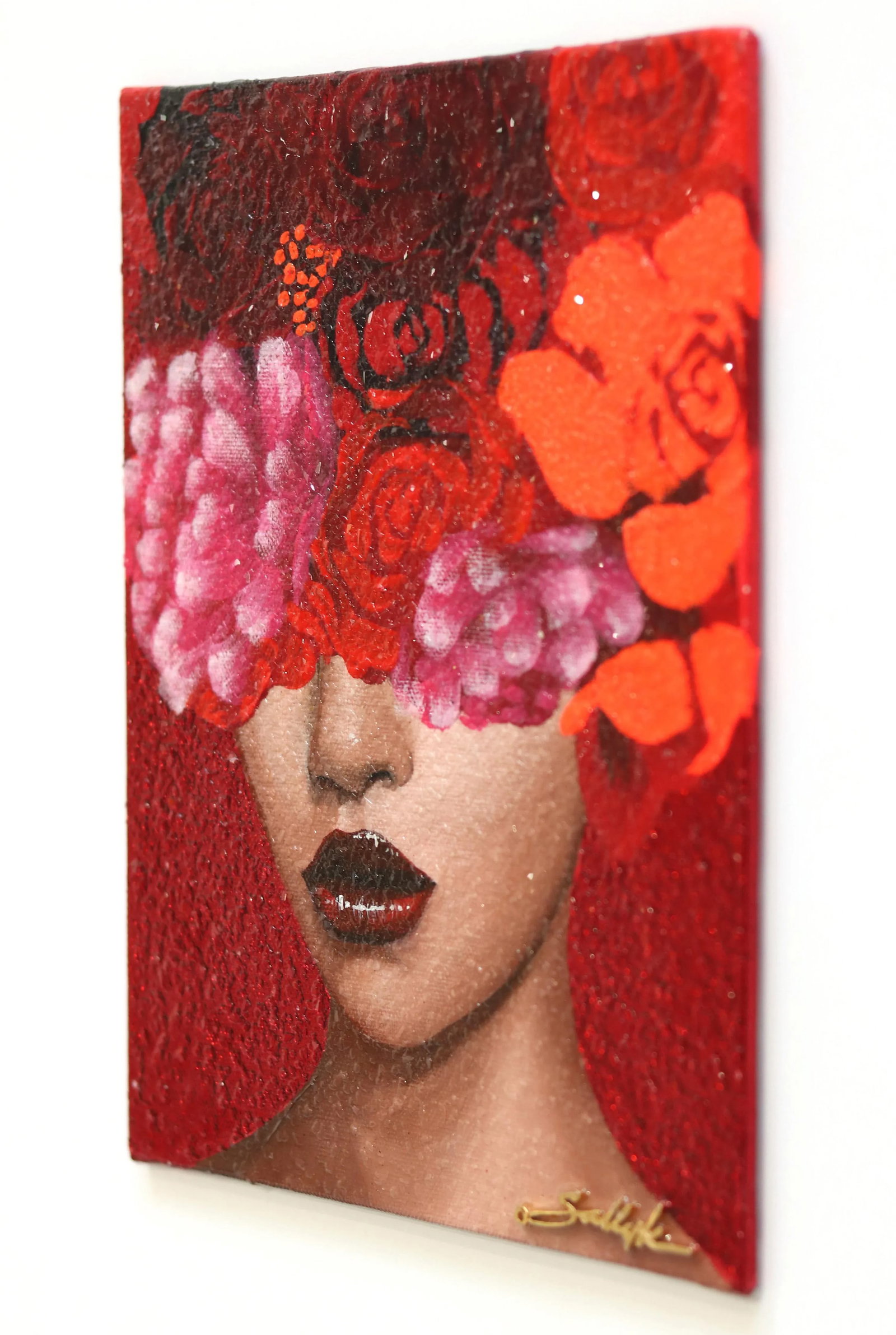 Textured Portrait Floral Pop Art Acrylic Painting "Red" Contemporary Original by Sally K - 6