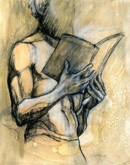 Original Realist Figurative Mixed Media Drawing, "The Reader" by Kathleen Ney: A mixed media drawing and painting of a reading male figure. This piece has several layers which give it drama, mystery and depth. The paper size is 16" x 20", on prepared paper. Gesso, charcoal,
