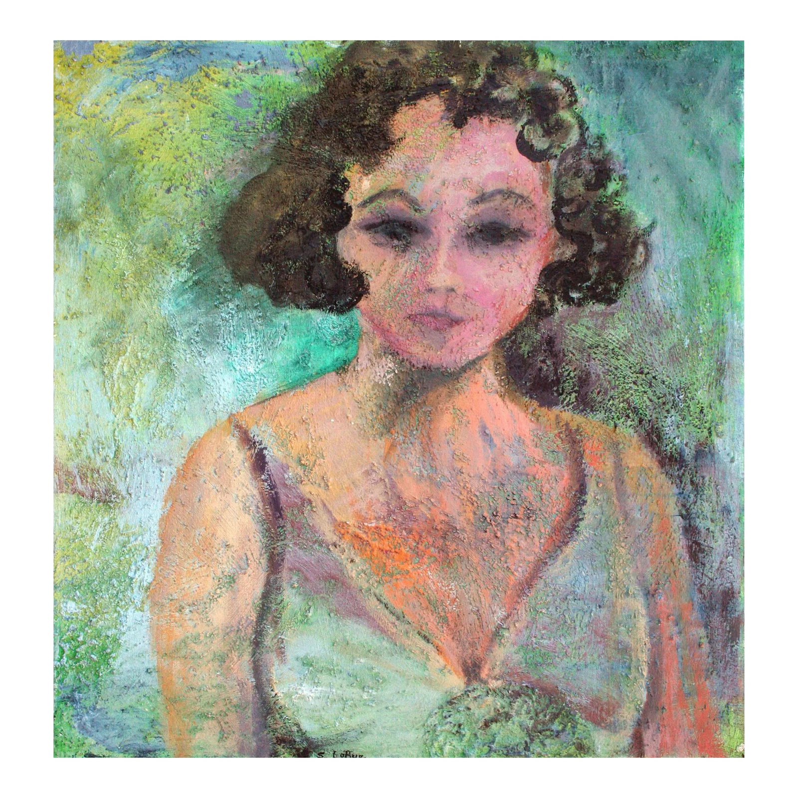 Modernist Self Portrait Figurative by Sandra LaBoue-Erba: Vibrant modernist self-portrait by California artist Sandra Lobue-Erba (American, 1945-2007). Signed lower middle edge. Unframed. Image: 21"H x 20"W. Provenance: Purchased from artist's daughter in Ap