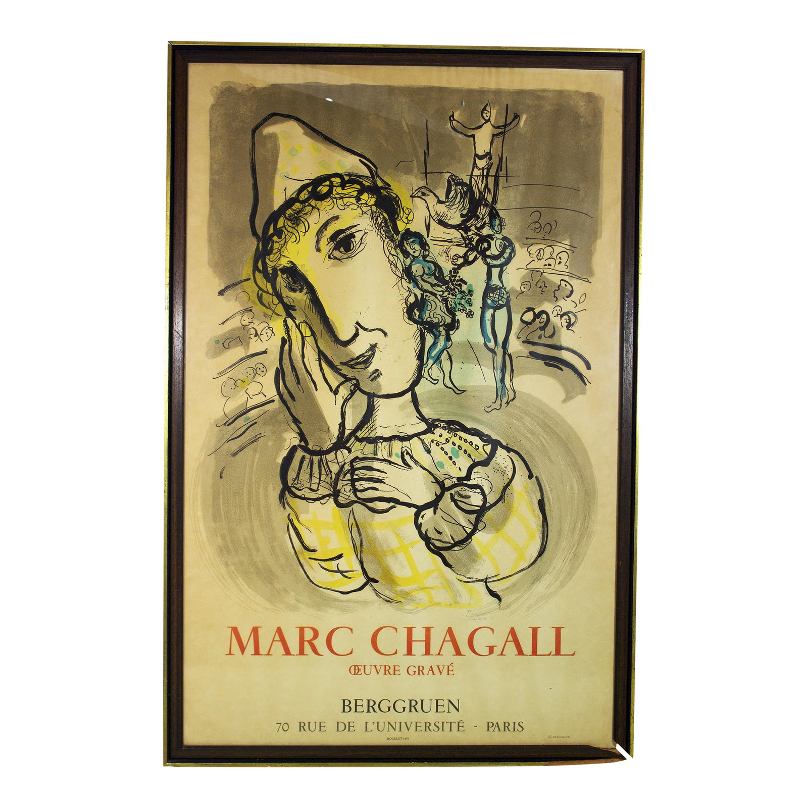 1967 Berggruen Marc Chagall, Oeuvre Grave, Mourlot Poster: Original Lithograph. Discoloration, foxing, and minor paper loss around the perimeter, but no tears or creases. This poster was purchased from an estate, and while fresh to the market, it is "as