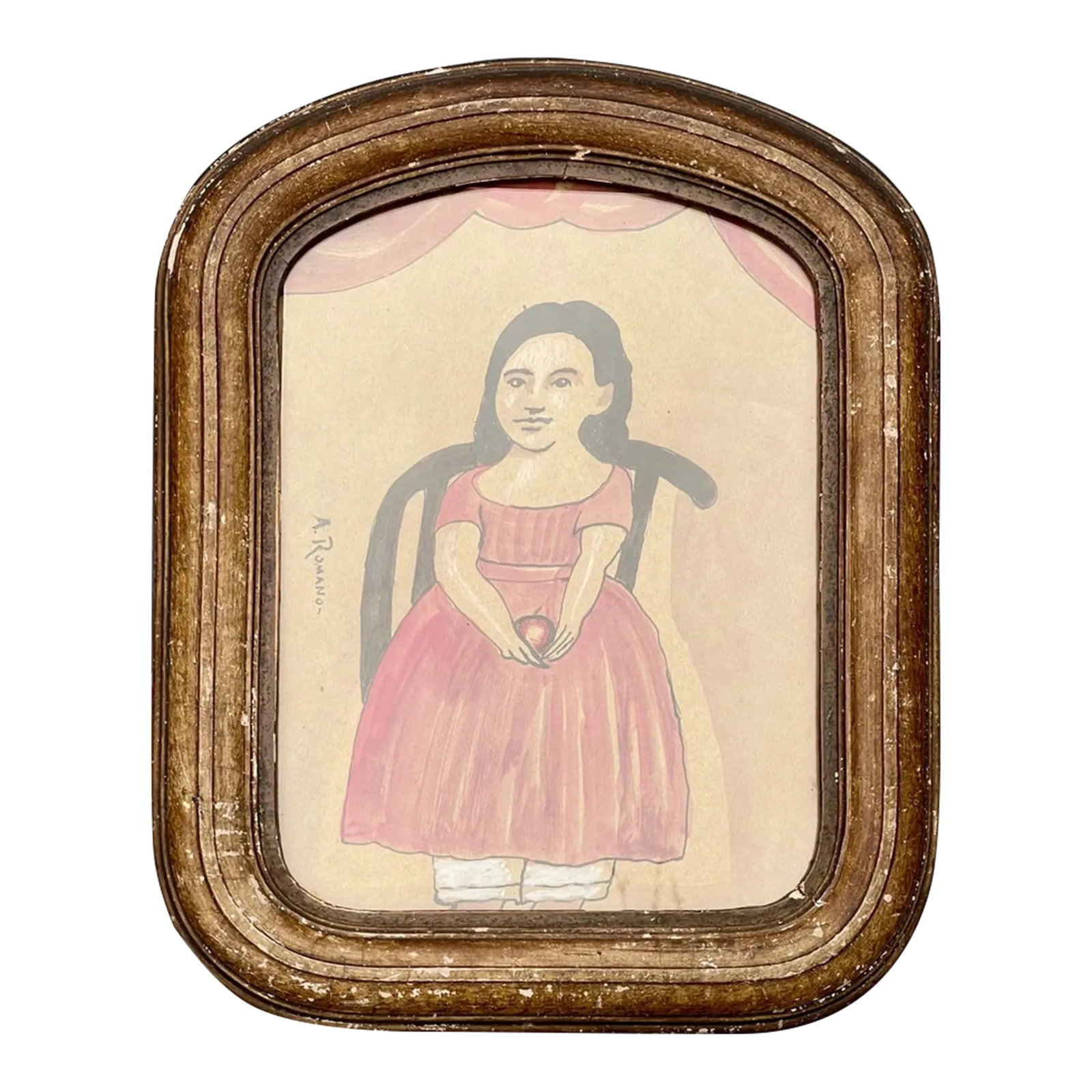 Original Folk Art Watercolor Painting by Antonio Romano Girl With Apple: Original Signed Antonio Romano watercolor. portrait of a girl with Apple. These rarely come to market. Acquired by us directly from the artist years ago. Stunning presentation in this 1880's period Am