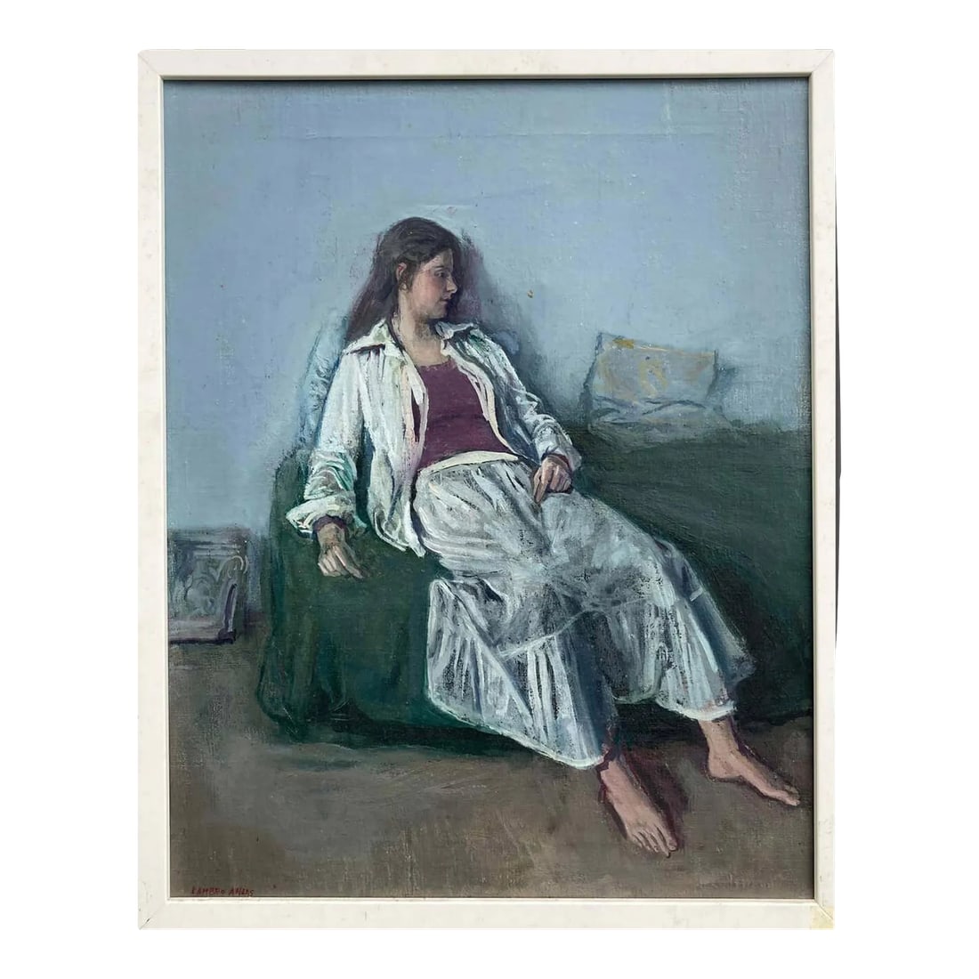 "Anna Maria in White" Modern Framed Woman Portrait Painting by Lambro Ahlas: An absolutely lovely portrait of a young woman relaxed on a couch that perfectly captures the slackness in her relaxed body, much harder to achieve than it looks. Portrait/figure paintings such as