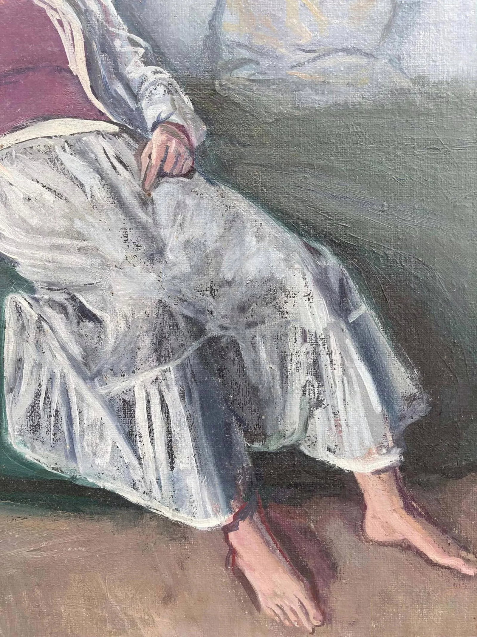 "Anna Maria in White" Modern Framed Woman Portrait Painting by Lambro Ahlas - 2