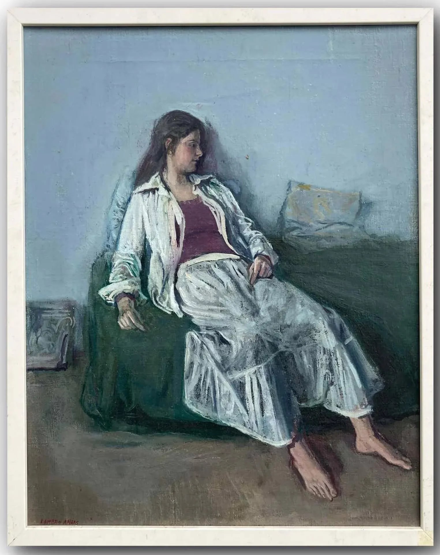"Anna Maria in White" Modern Framed Woman Portrait Painting by Lambro Ahlas - 3