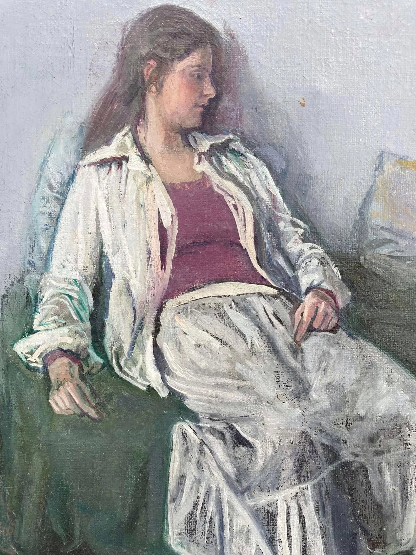 "Anna Maria in White" Modern Framed Woman Portrait Painting by Lambro Ahlas - 4