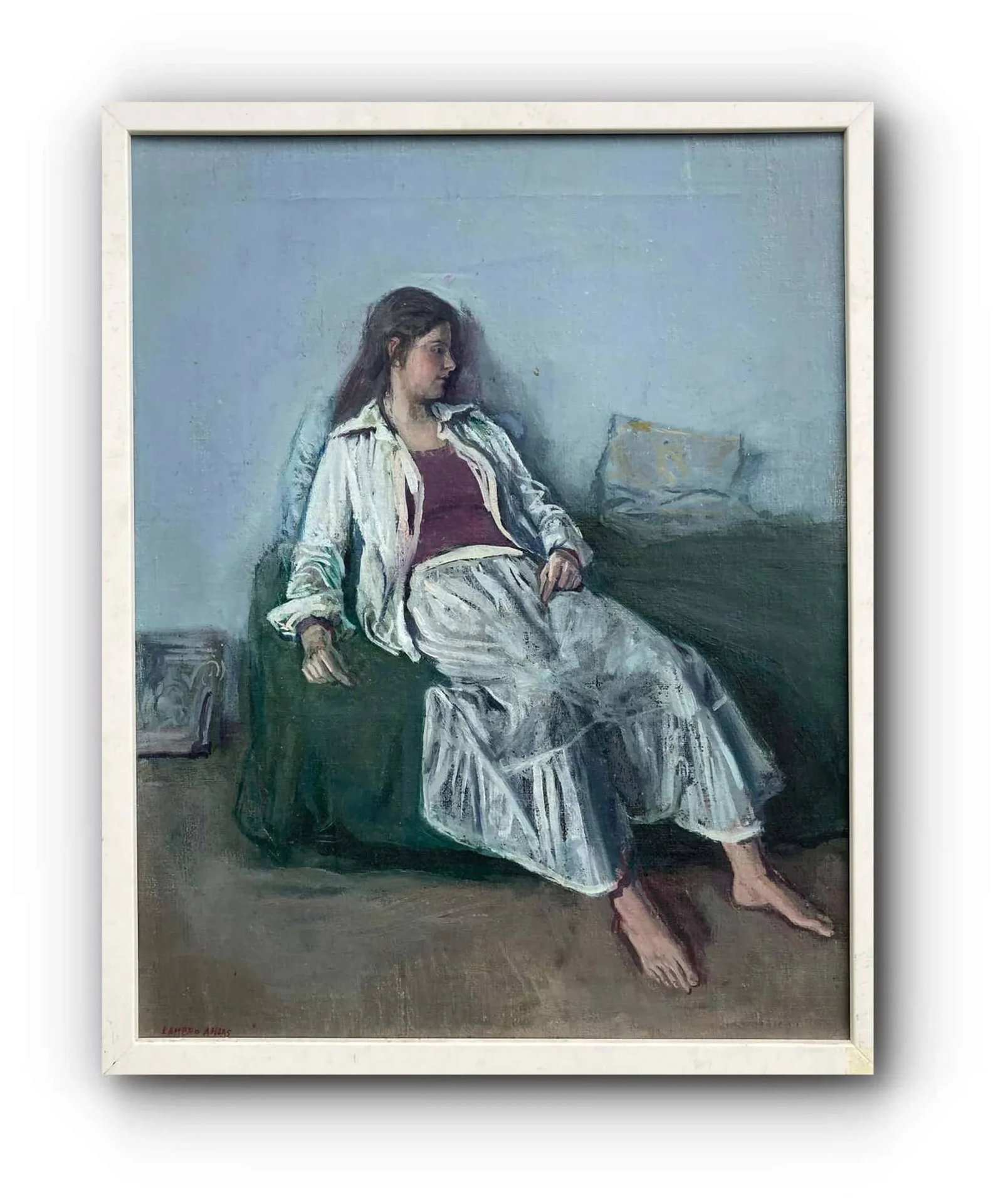 "Anna Maria in White" Modern Framed Woman Portrait Painting by Lambro Ahlas - 6
