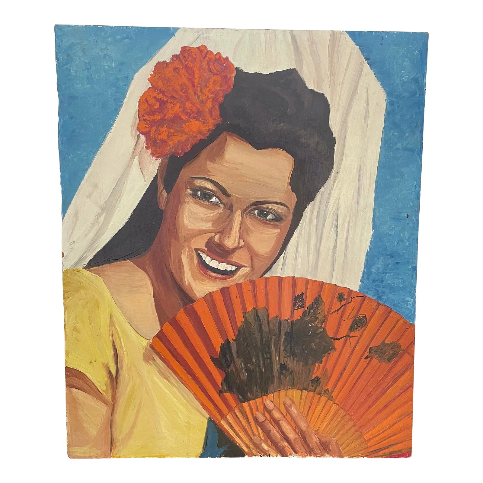 Vintage Oil on Cardboard Portrait Painting of a Flamenco Dancer: Mid Century Portrait of A Flamenco Dancer Oil Painting on Cardboard. Unsigned. Unframed. Nice condition, no major damage to the painting. Marks/stains on the back. Please kindly note the edges of the