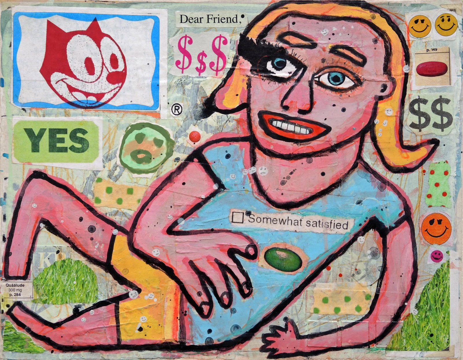 "Quiet Interlude" Original Contemporary Collage/Painting by Brian McDonald: "Quiet Interlude" is a small but captivating collage that offers a humorous commentary on today's consumer culture. The artist cleverly incorporates familiar imagery such as pills, dollar signs, and