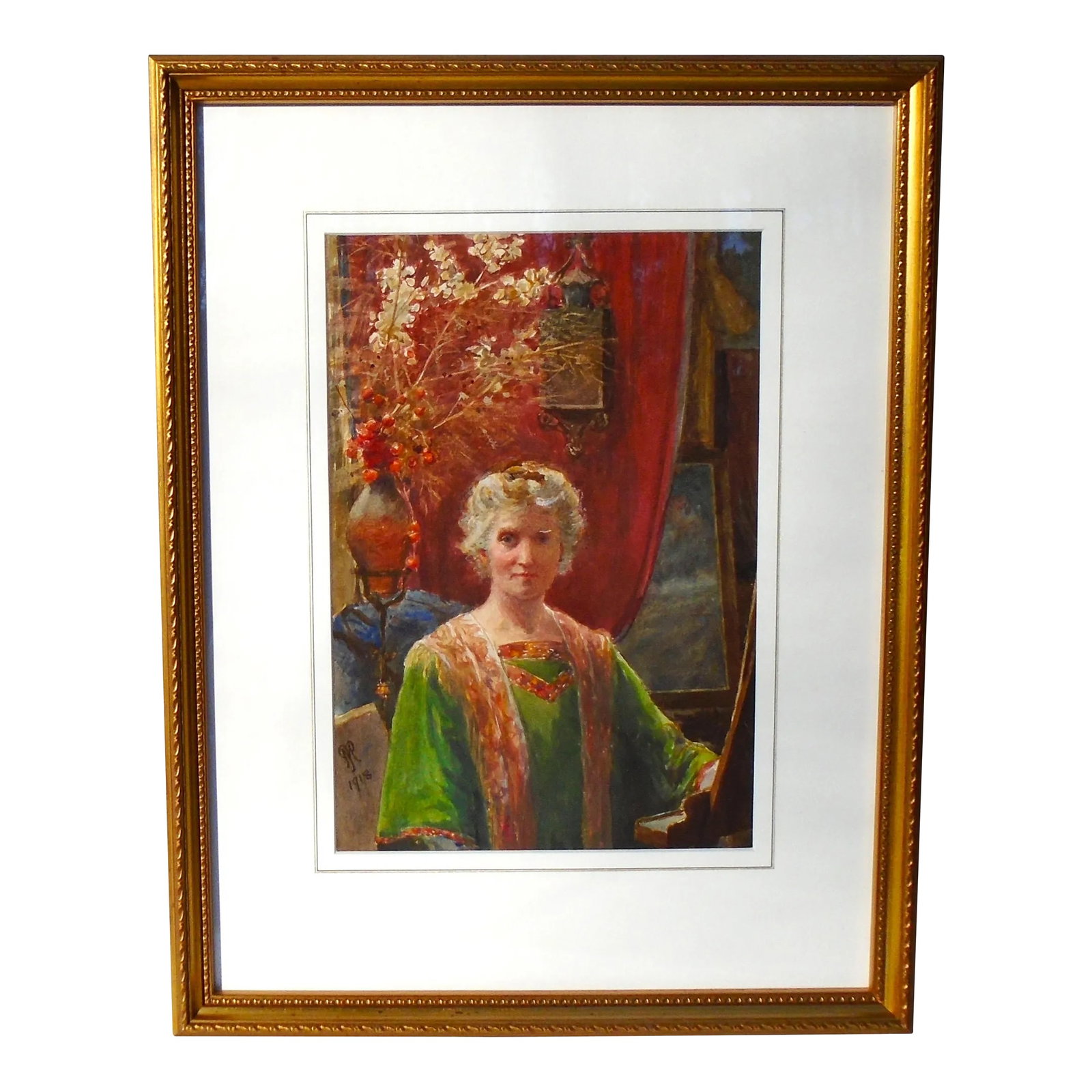 "Self Portrait - 1918" Original Pre-Raphael Style Portrait Watercolor Painting, Framed (1 of 7)