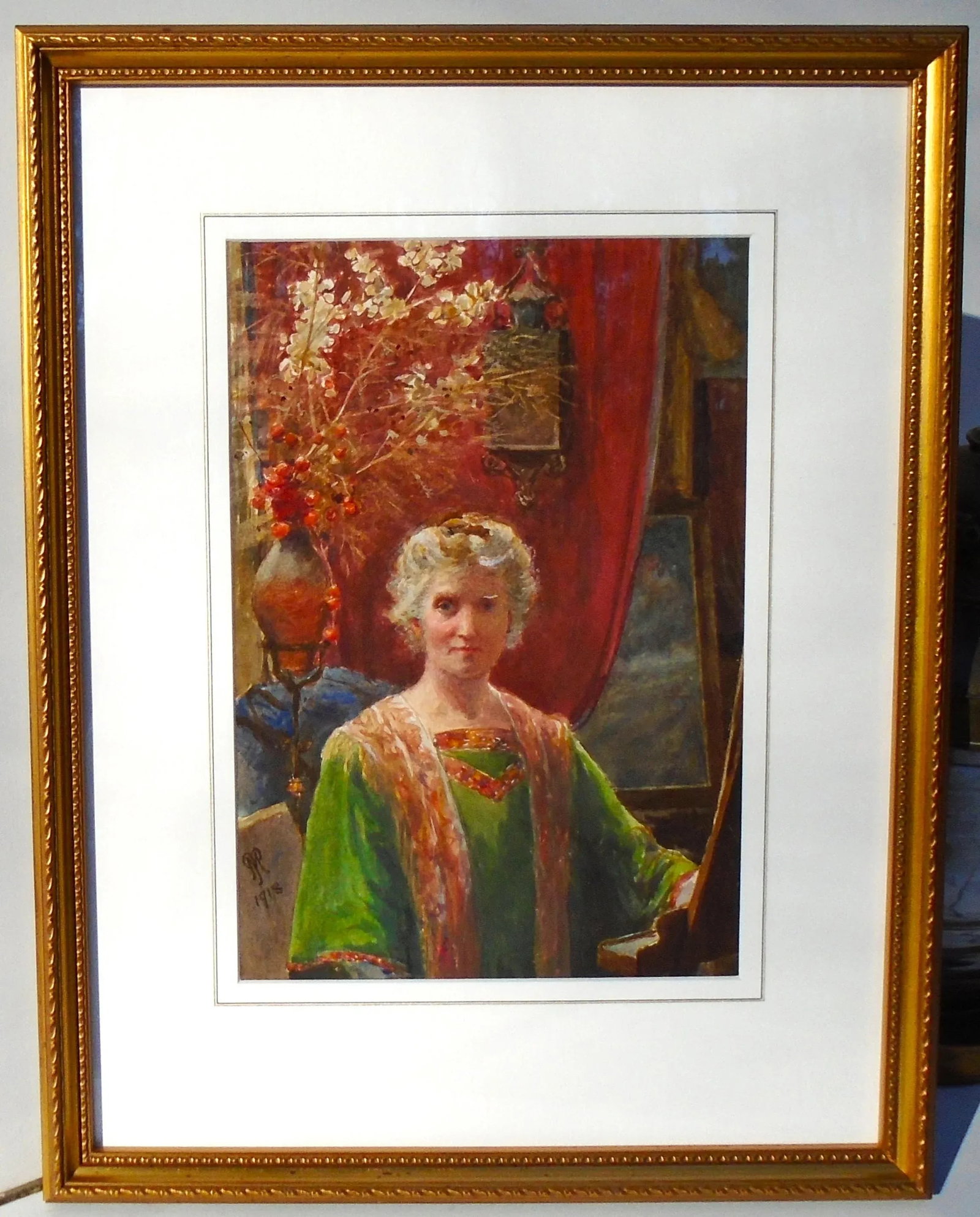 "Self Portrait - 1918" Original Pre-Raphael Style Portrait Watercolor Painting, Framed - 7