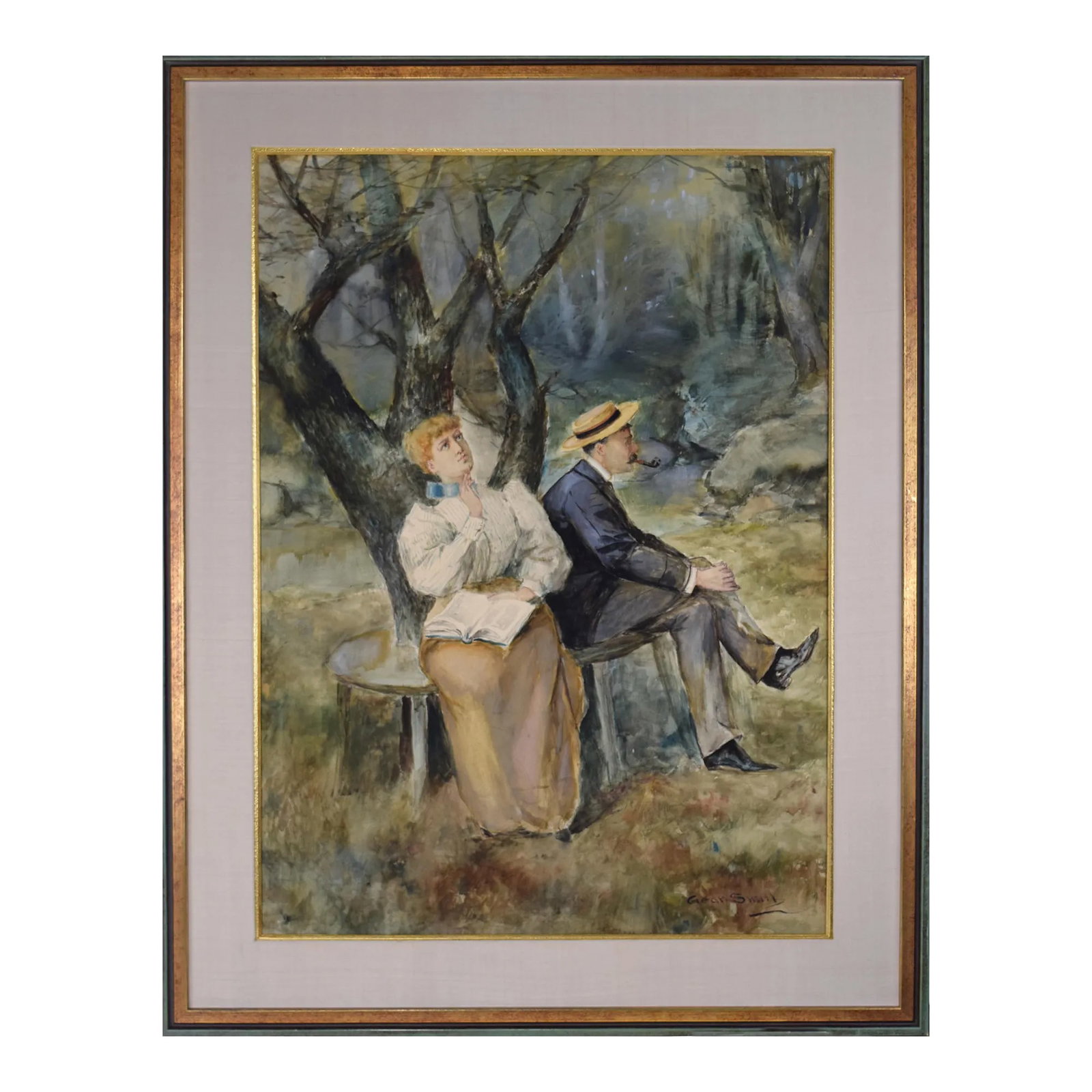 Large 19th Century Watercolor of a Couple Sitting Under a Tree by Gean Smith (1858-1928): 19th Century watercolor depicting a pensive couple sitting on a bench under a tree in park-like surroundings by Gean Smith (1858-1928). Gean Smith is a well known artist who was born in 1858 in New Yo