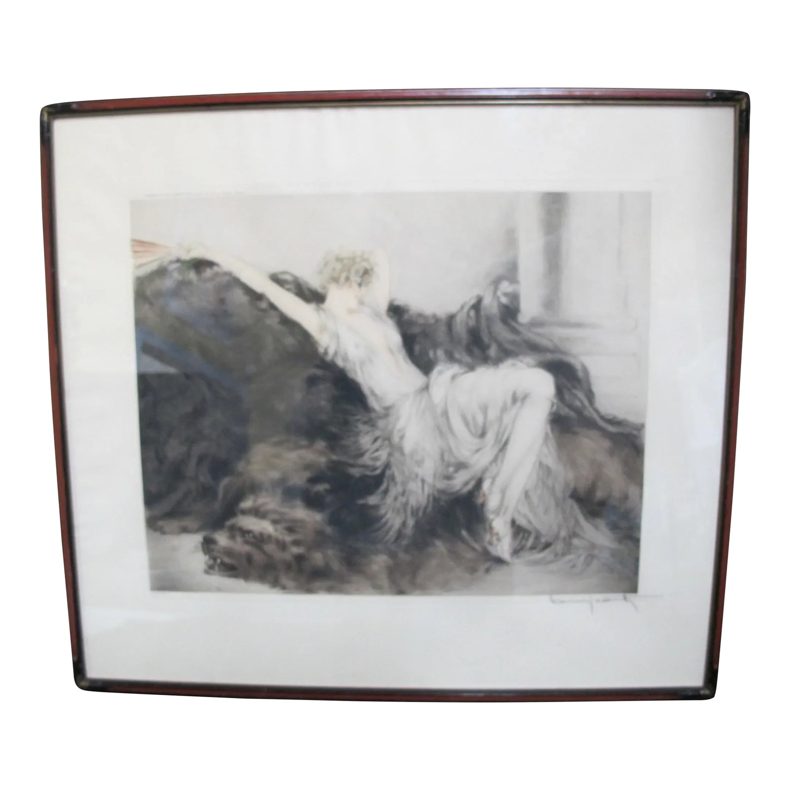 Louis Icart Signed Original Paresse Laziness Art Deco Female Portrait Etching: Louis Icart (France 1888 - 1928) wonderful art deco hand colored drypoint etching titled "Paresse"(Laziness), c1925. Lovely young woman reclining luxuriously on a bear skin rug. The very best of the a