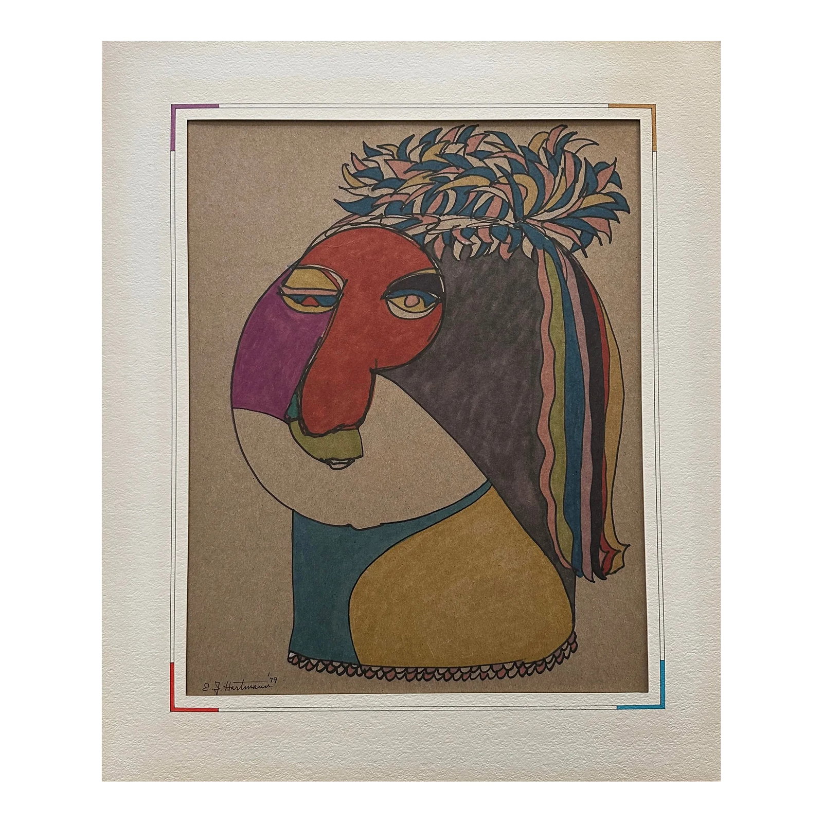Vintage Abstract Portrait Painting by e.j. Hartmann (American, B.1925), Signed (1979, Mixed Media on (1 of 6)