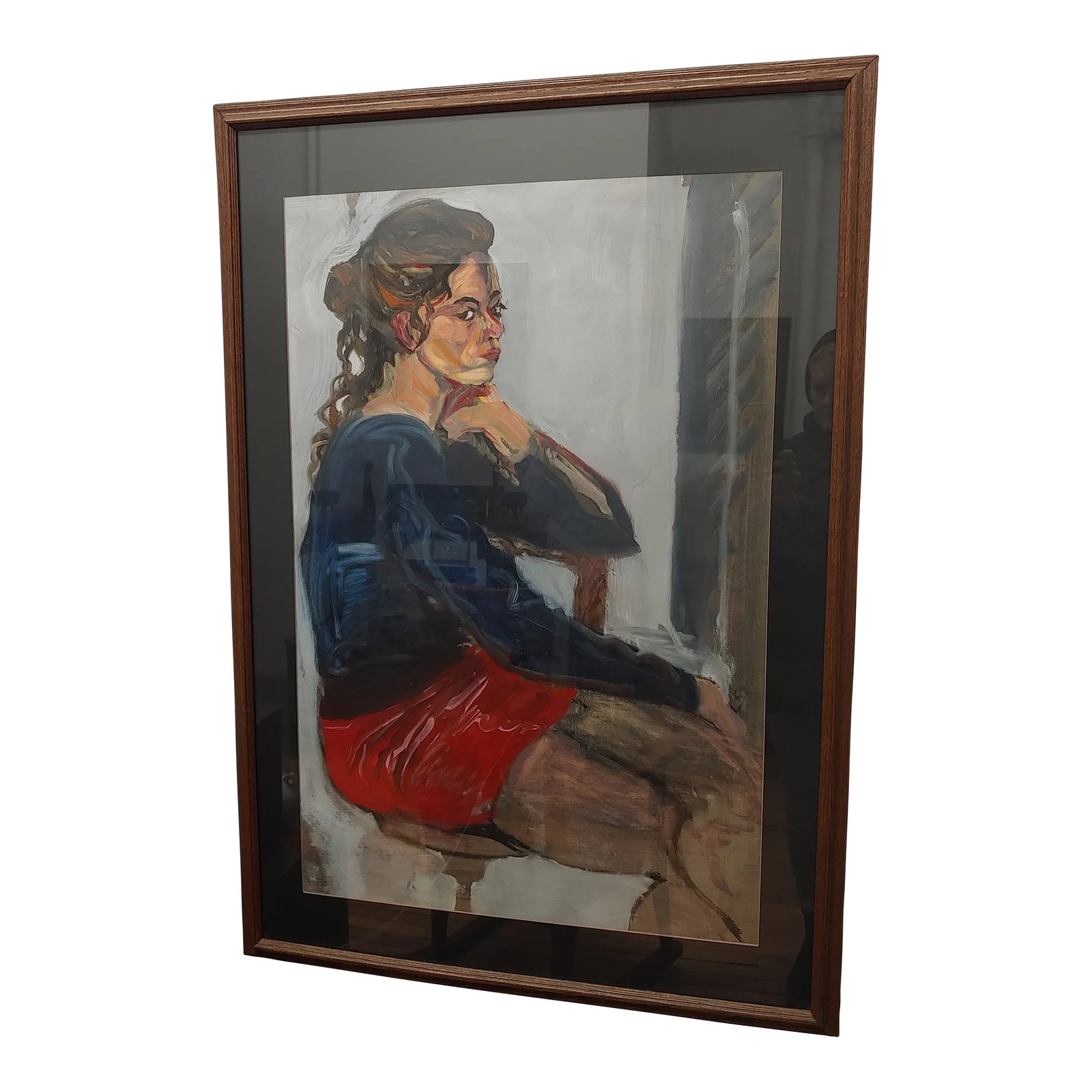 1990s Modern Signed Expressionist Female Portrait Painting, Framed: Here's a fine signed "Martin" gallery portrait from a Houston, Texas gallery circa 1990s of an unknown femme fatale posing in a mini skirt. The medium is acrylic on paper. It's a large size (28" x