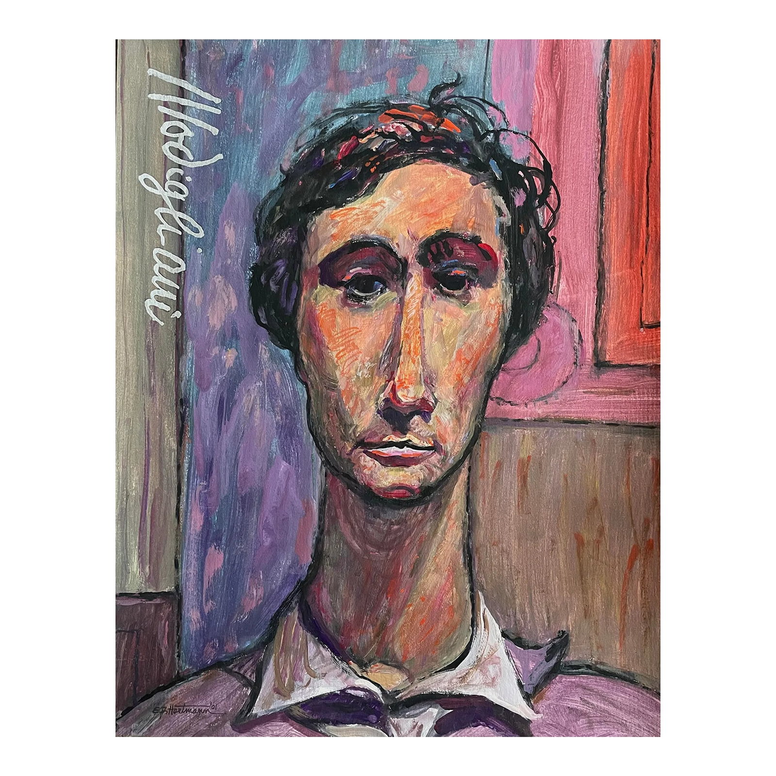 e.j. Hartmann (American, B. 1925) - Portrait of Amedeo Modigliani, Signed (2001, Gouache on Paper): E.J. Hartmann - Portrait of Amedeo Modigliani, Signed (2001, Gouache on Paper). From the "Legacy" series, Hartmann's portrait of Modigliani. Expressionist portrait of the artist in gouache on heavy