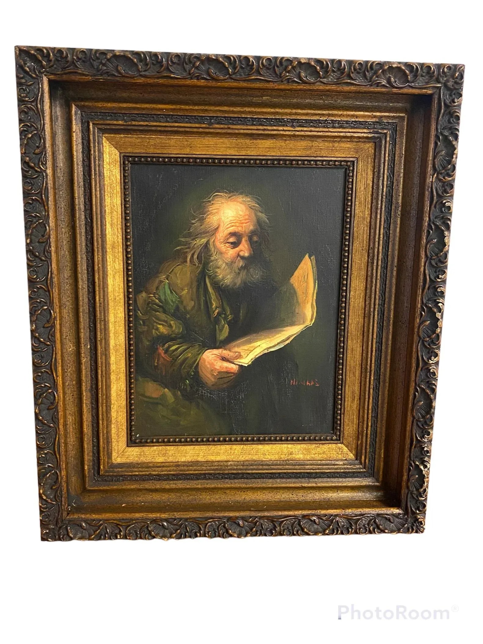 Artist Signed "Old Man Reading" Framed Oil Painting - 10