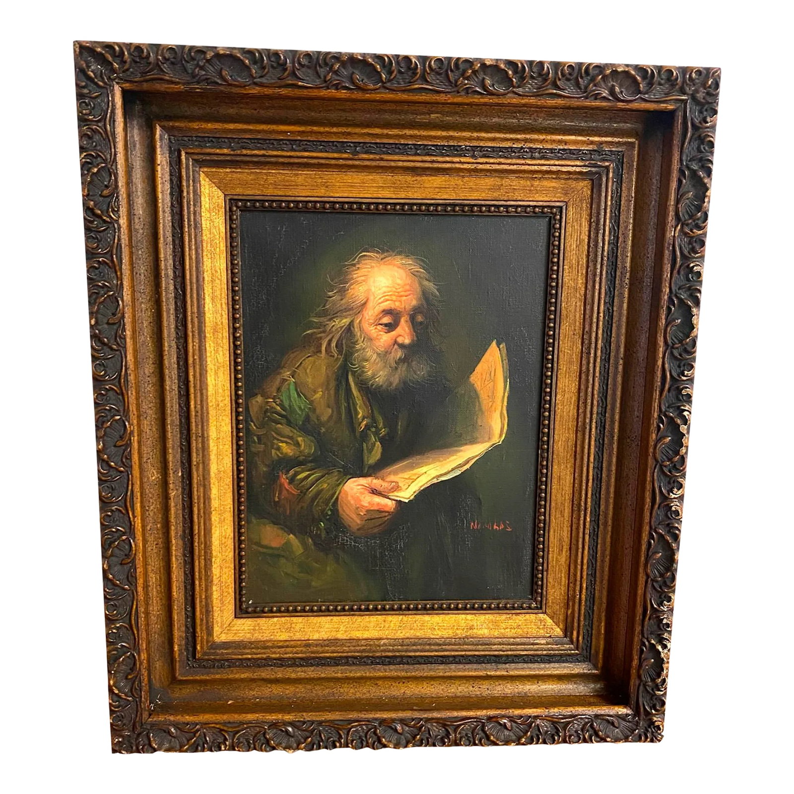 Artist Signed "Old Man Reading" Framed Oil Painting: Beautiful, moody framed oil painting signed Nikolas(?) in red bottom right. In great condition. Condition: Alterations: Unknown Imperfections: Some Imperfections Condition Notes: The painting is