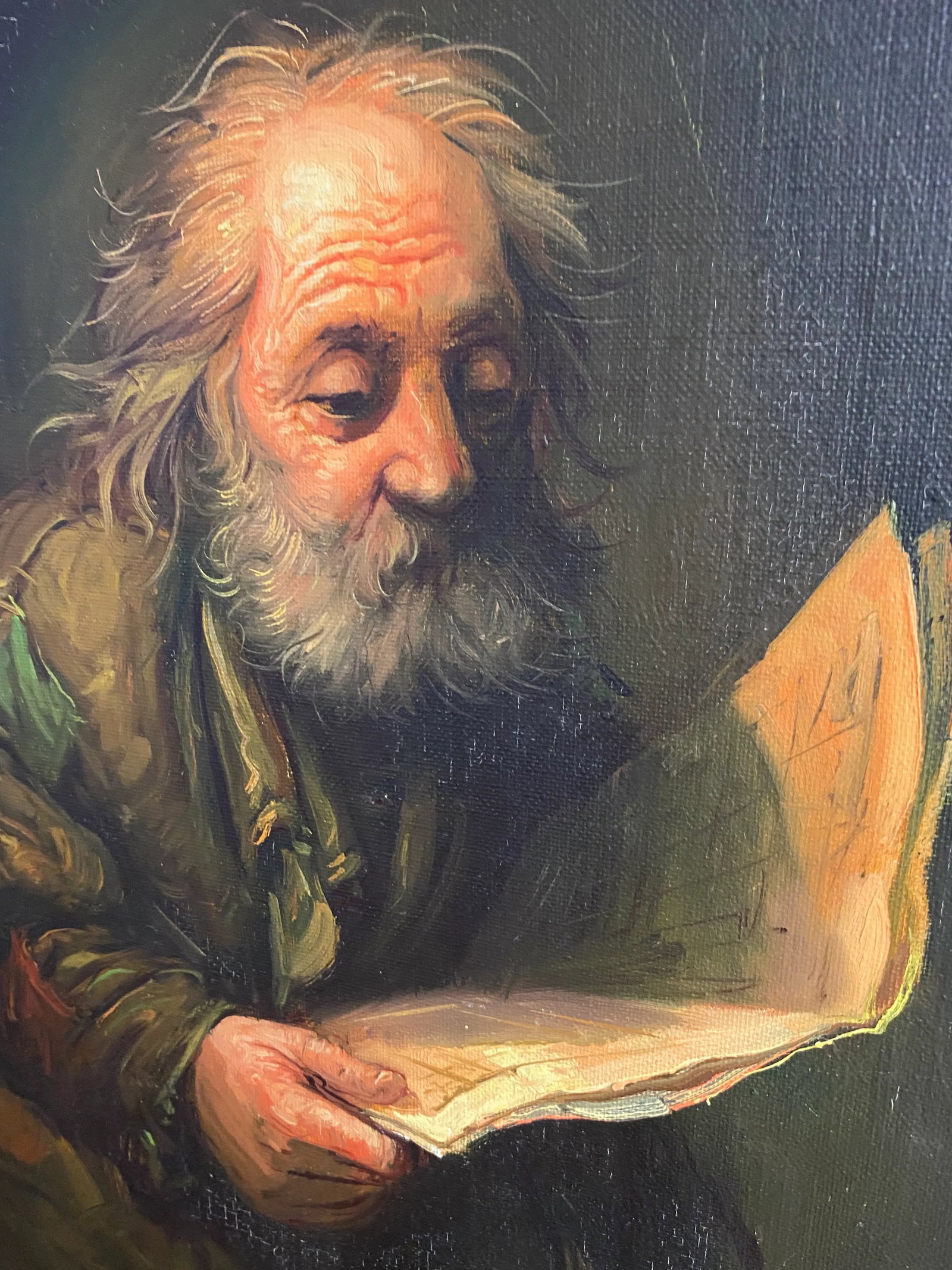 Artist Signed "Old Man Reading" Framed Oil Painting - 2