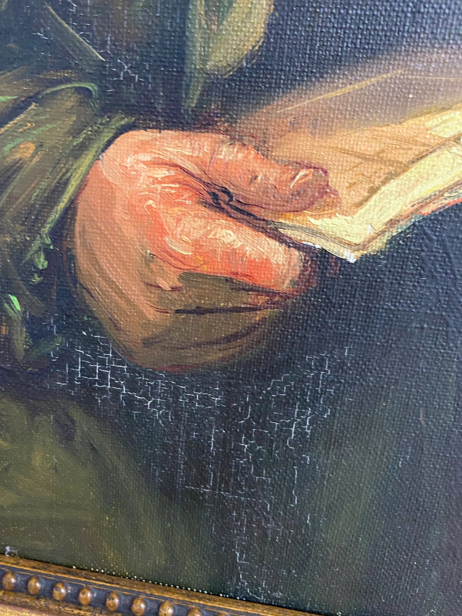Artist Signed "Old Man Reading" Framed Oil Painting - 4