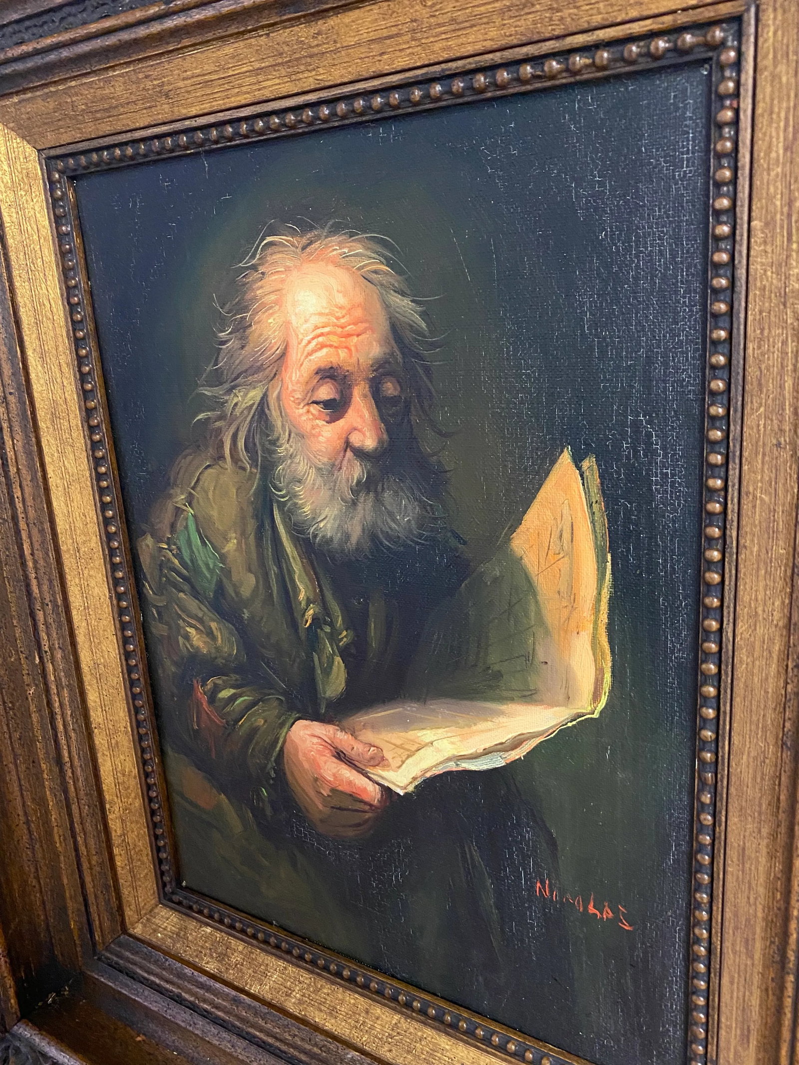 Artist Signed "Old Man Reading" Framed Oil Painting - 6