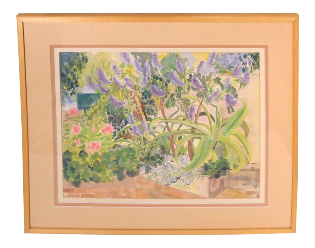 1980s Tropical Floral Watercolor Painting Garden Landscape: Vibrant watercolor painting of a verdant garden landscape with sub-tropical foliage and flowers by Georgine Rake Goodman (1924-2012). Signed lower right and titled "Bocalhao", (Portugal), 1985. Ms.