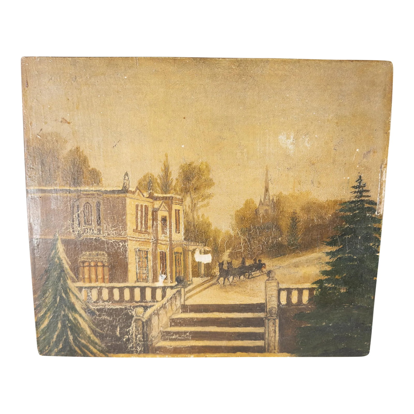 19th Century Folk Art Americana Oil Painting on Wood of Snowy Landscape: We are selling this interesting oil painting on wood panel. This painting depicts a fancy house with sleigh in front in a snowy scene. The painting has some losses to the gesso and picture with a