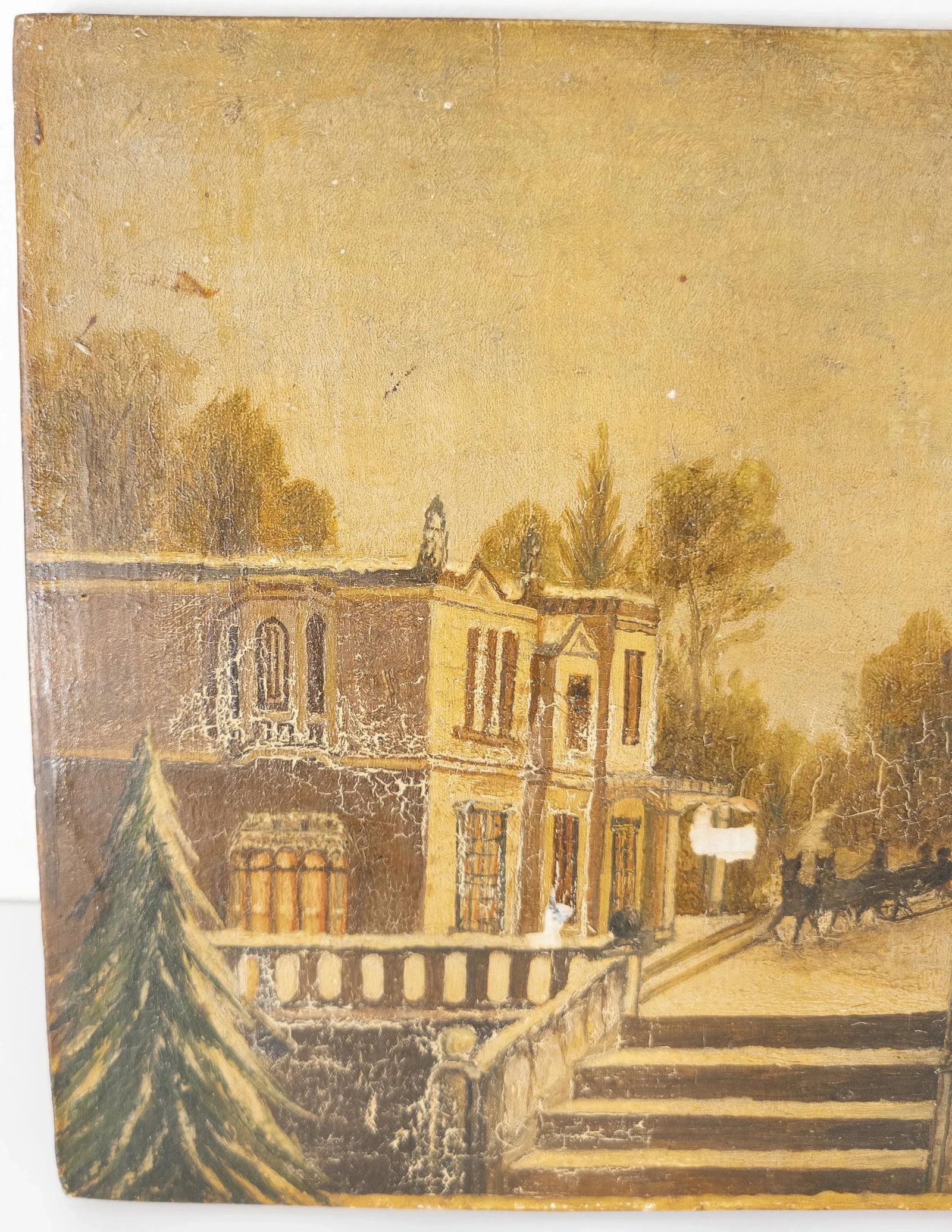 19th Century Folk Art Americana Oil Painting on Wood of Snowy Landscape - 2