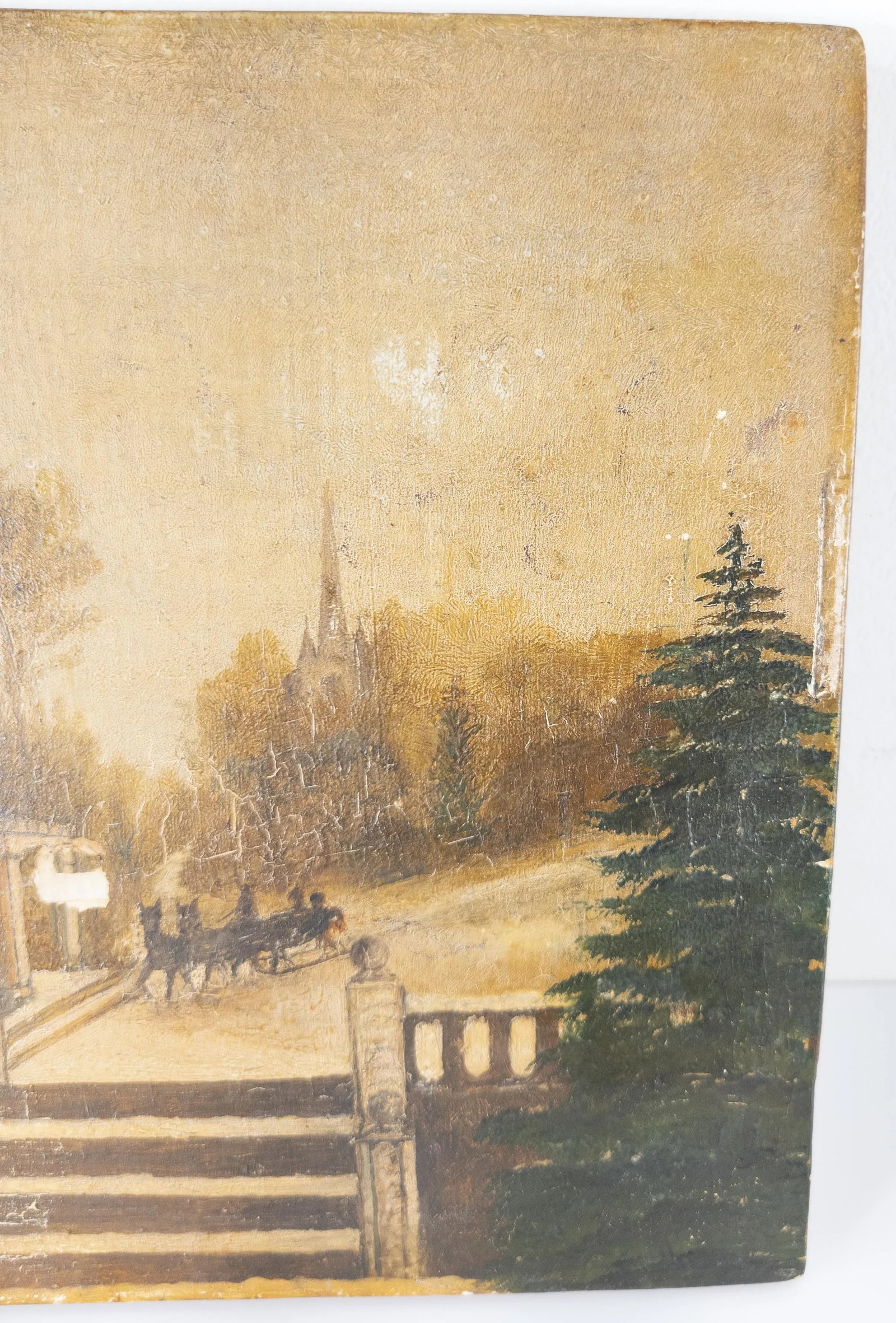 19th Century Folk Art Americana Oil Painting on Wood of Snowy Landscape - 3